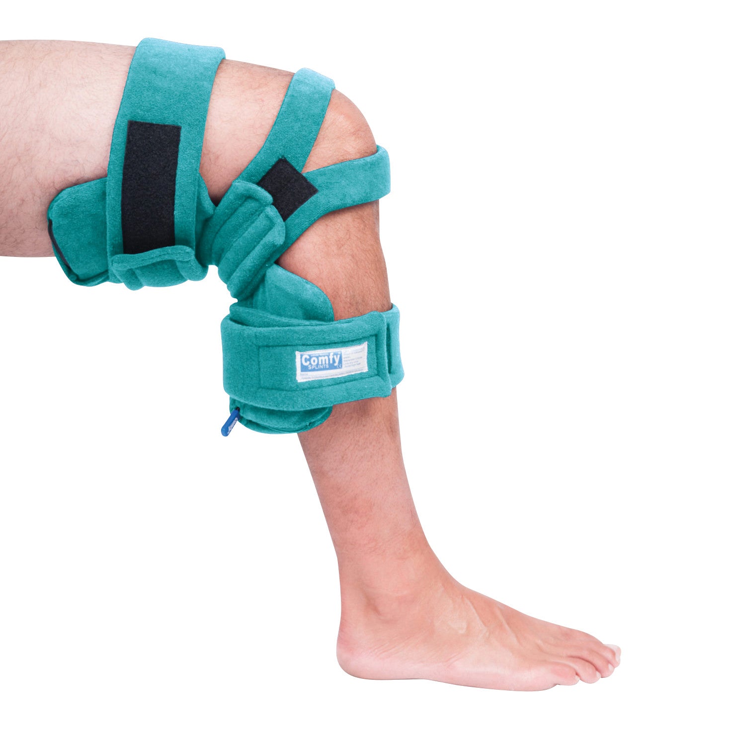 Person's leg wearing a Comfy Splints Pediatric Locking Knee Orthosis, a teal brace with adjustable straps.