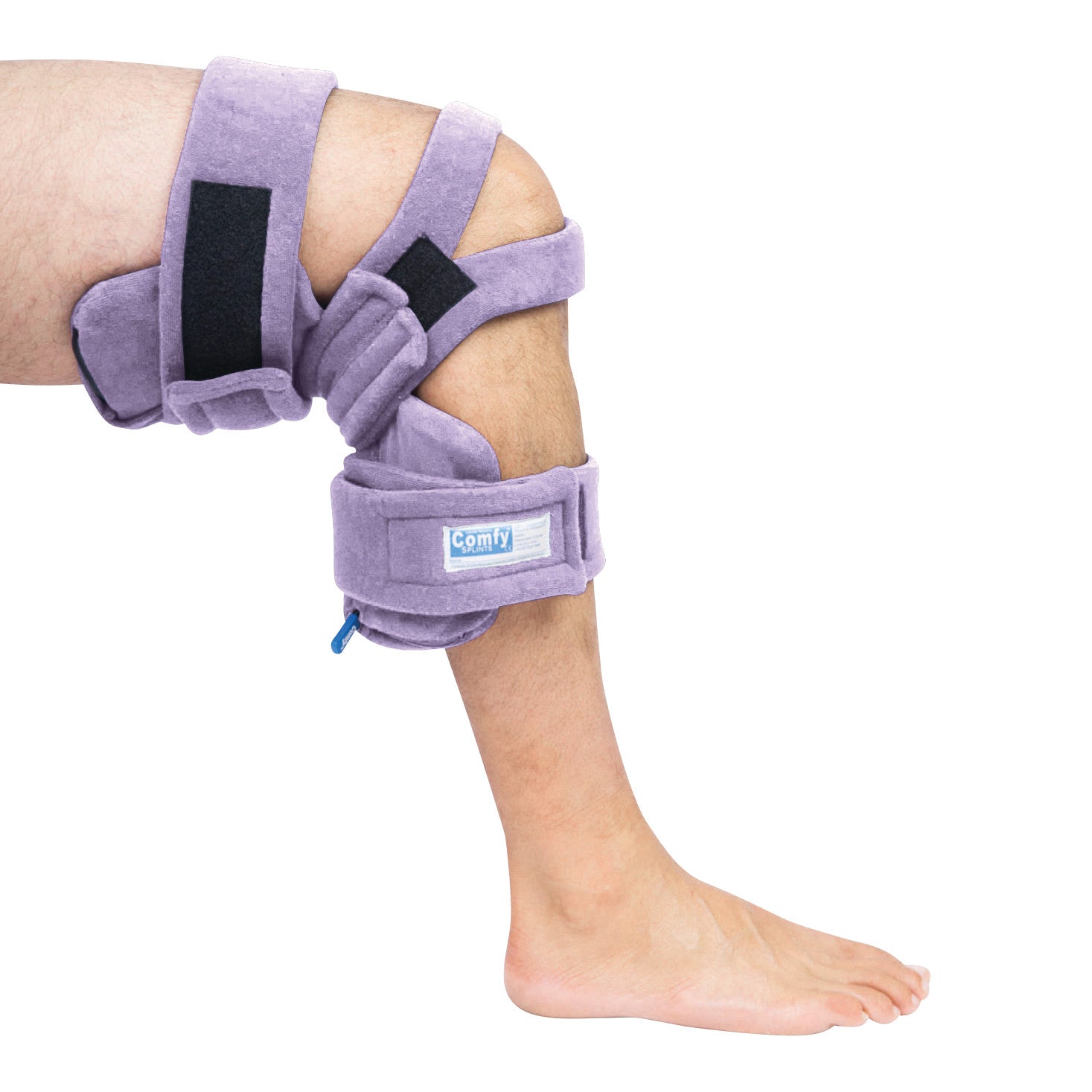 A leg wearing a Comfy Splints Pediatric Locking Knee Orthosis in purple, providing support for the knee.