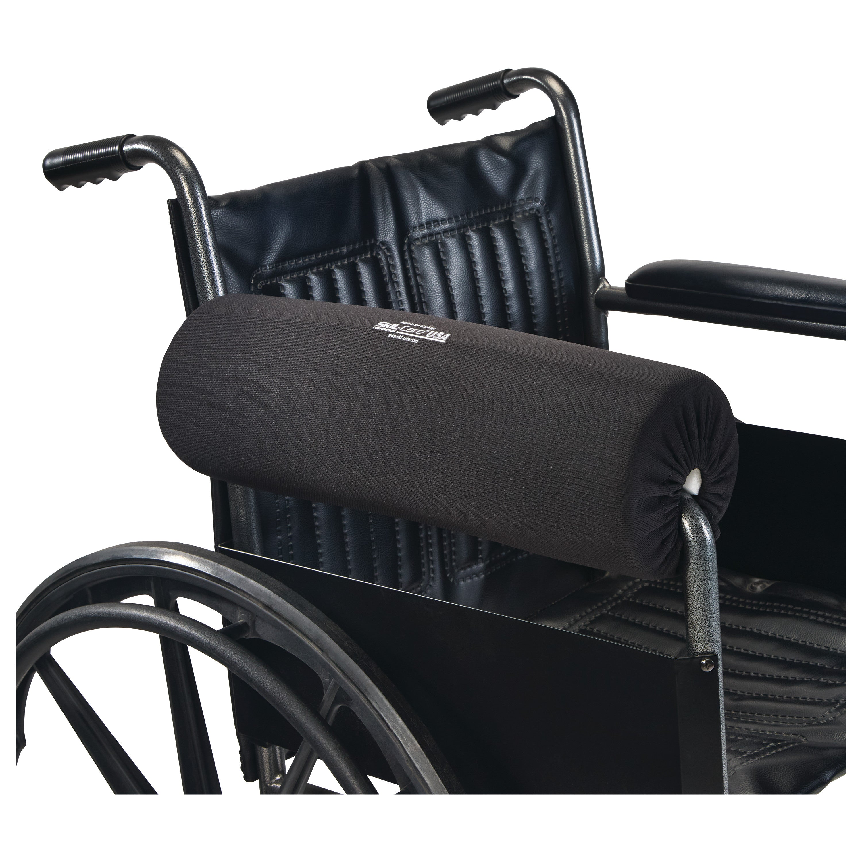 A wheelchair features the SkiL-Care Lateral Stabilizer Full-Arm Armrest Bolster, providing support and comfort.