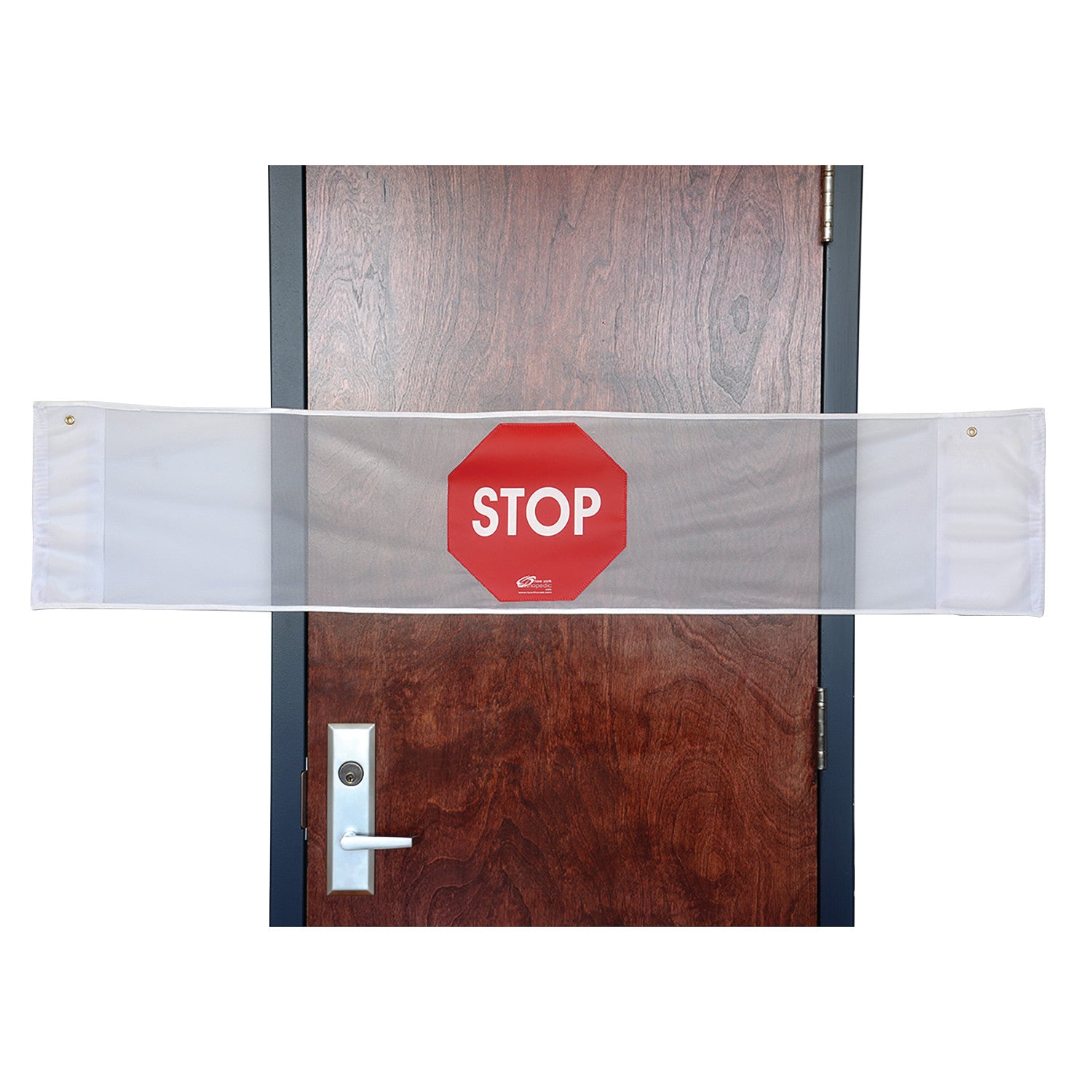 The NYOrtho Door Guard Stop Sign is a red stop sign on a fabric barrier, attached horizontally across a wooden door.
