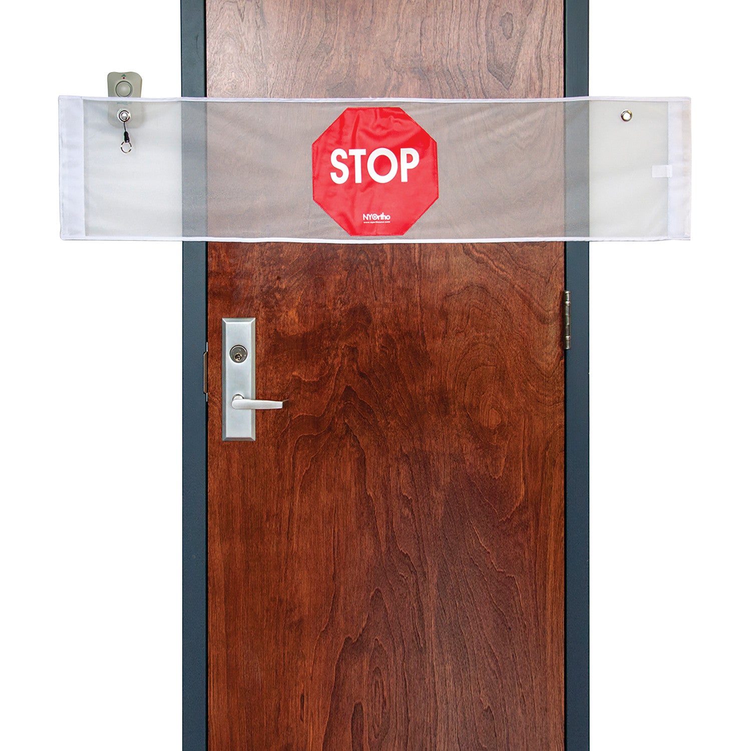 Door with NYOrtho Door Guard Stop Sign with Alarm, featuring a red "STOP" sign on a clear barrier above the handle.