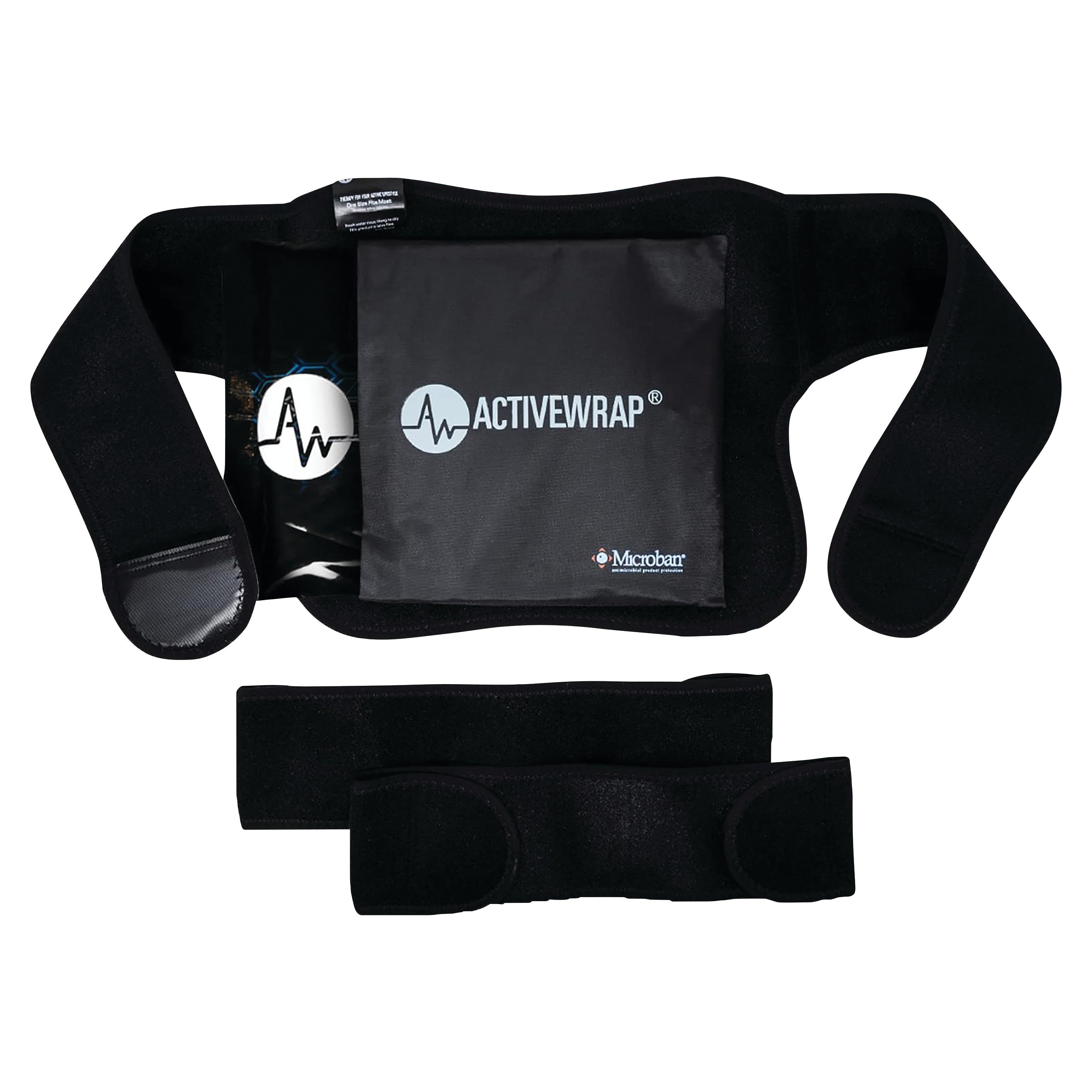 ActiveWrap black therapy wrap with adjustable straps and a central pouch featuring the ActiveWrap logo, designed for injury care.