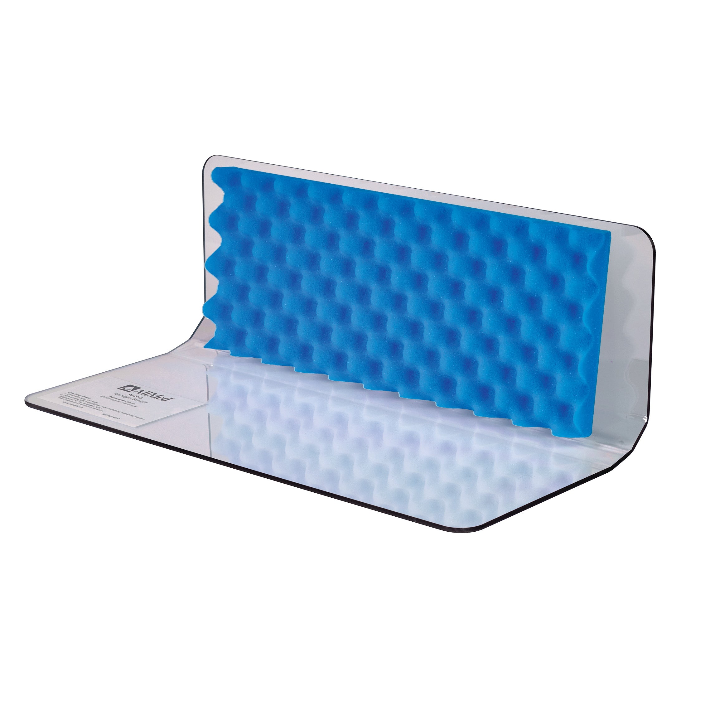 AliMed Straight Toboggan and Single-Use Liner Kit featuring a blue, textured foam liner on a clear, L-shaped surface.
