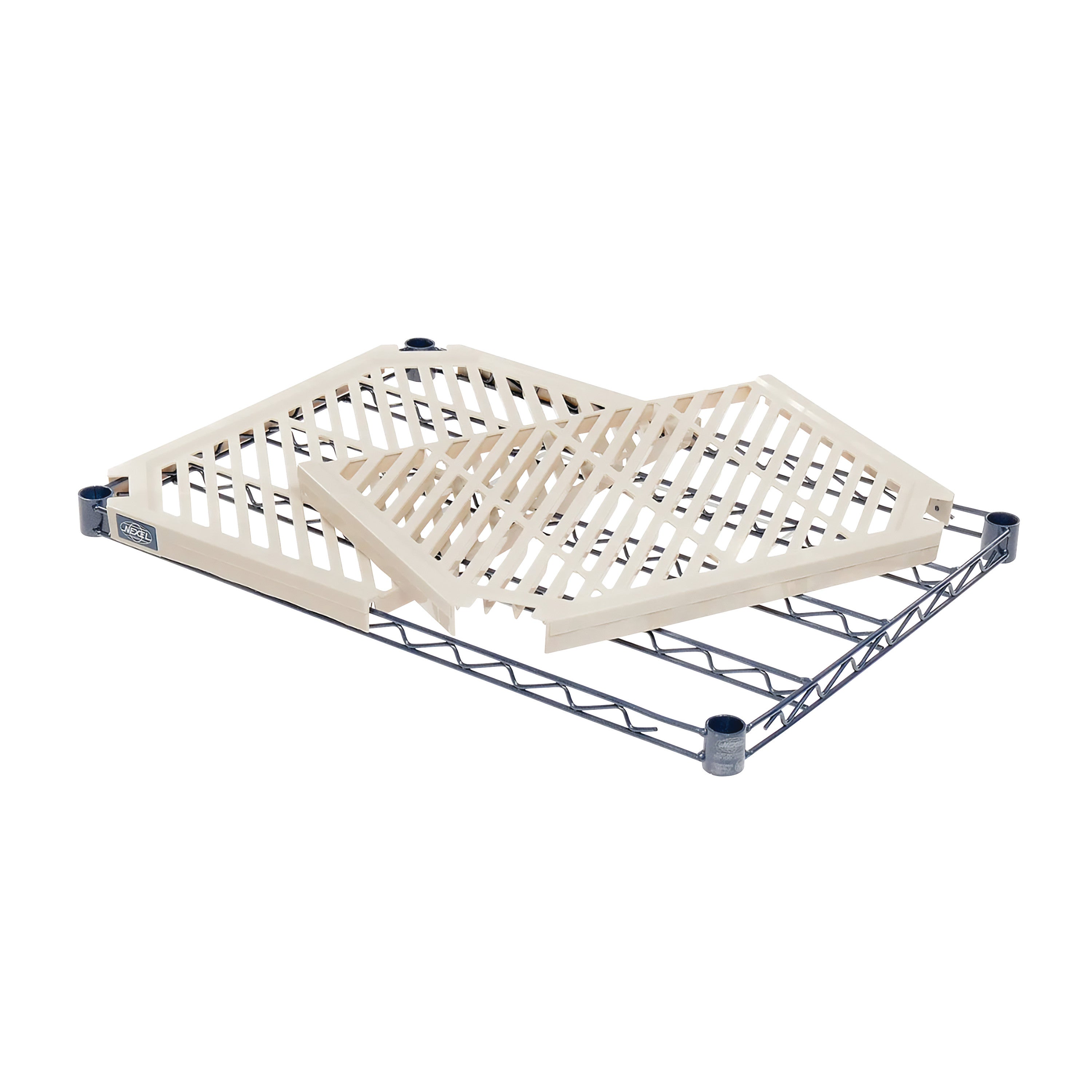 Shelf for Nexelon Antimicrobial Shelving Unit, featuring a blue wire frame and beige folding dividers atop a flat surface.