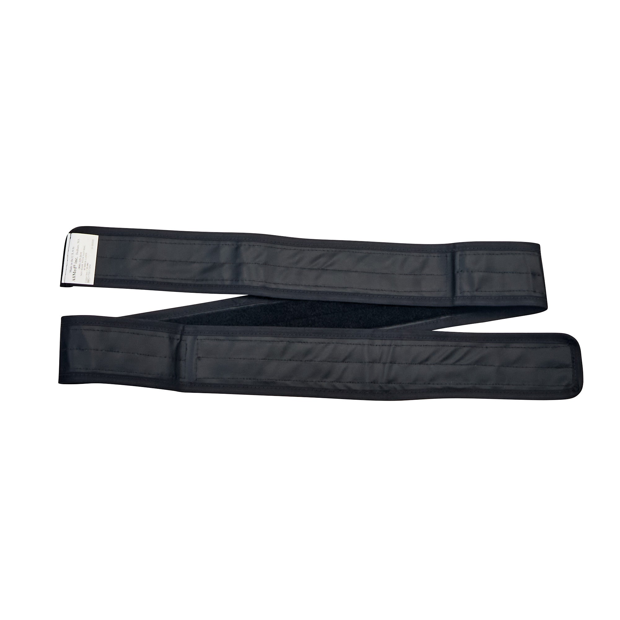 The AliMed Nonmetallic Operating Room Table Strap is shown, featuring a long, dark fabric with adjustable hook-and-loop fasteners.