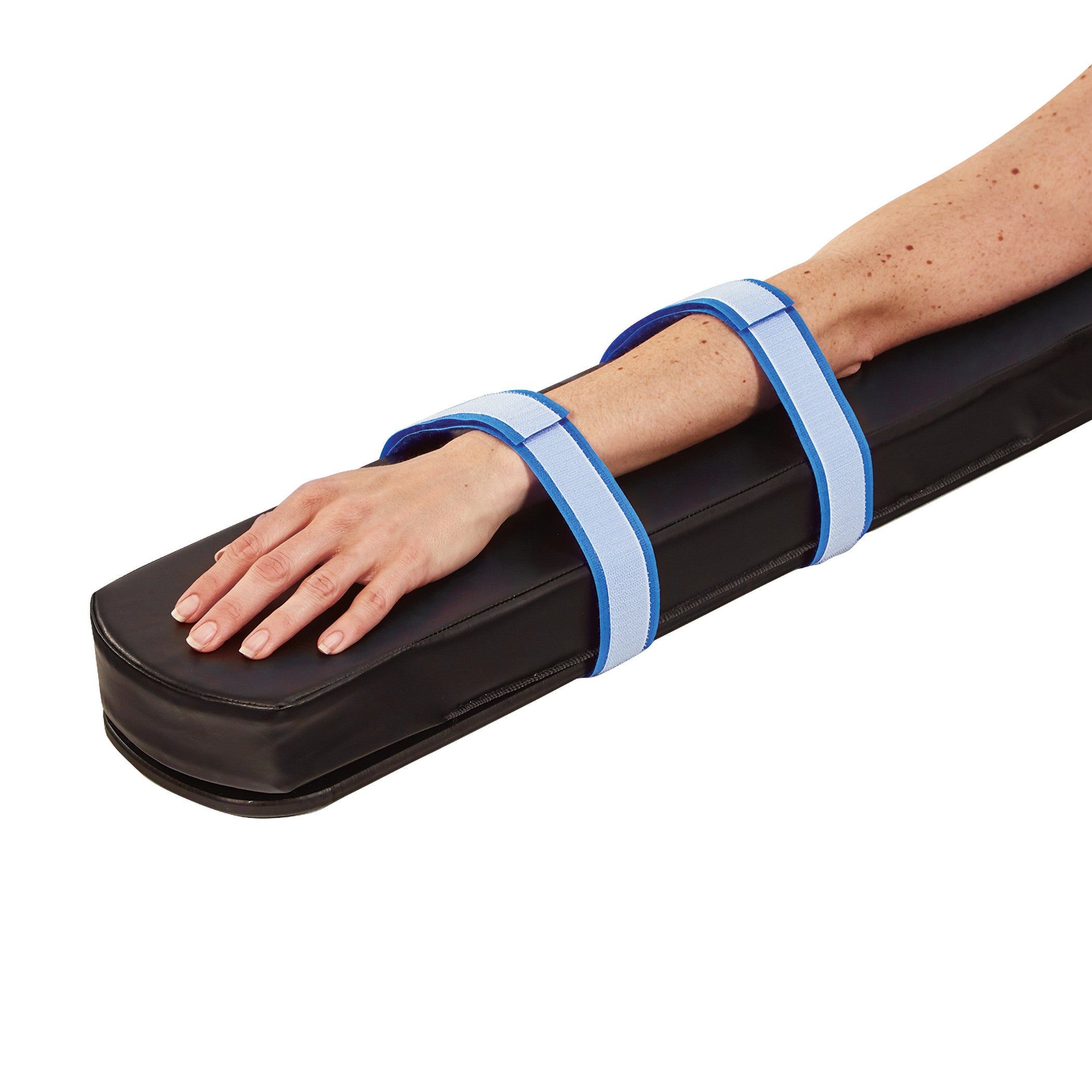 An arm is secured to an armboard  with two  AliStrap Positioning Straps,  featuring  blue and white hook and loop fasteners.