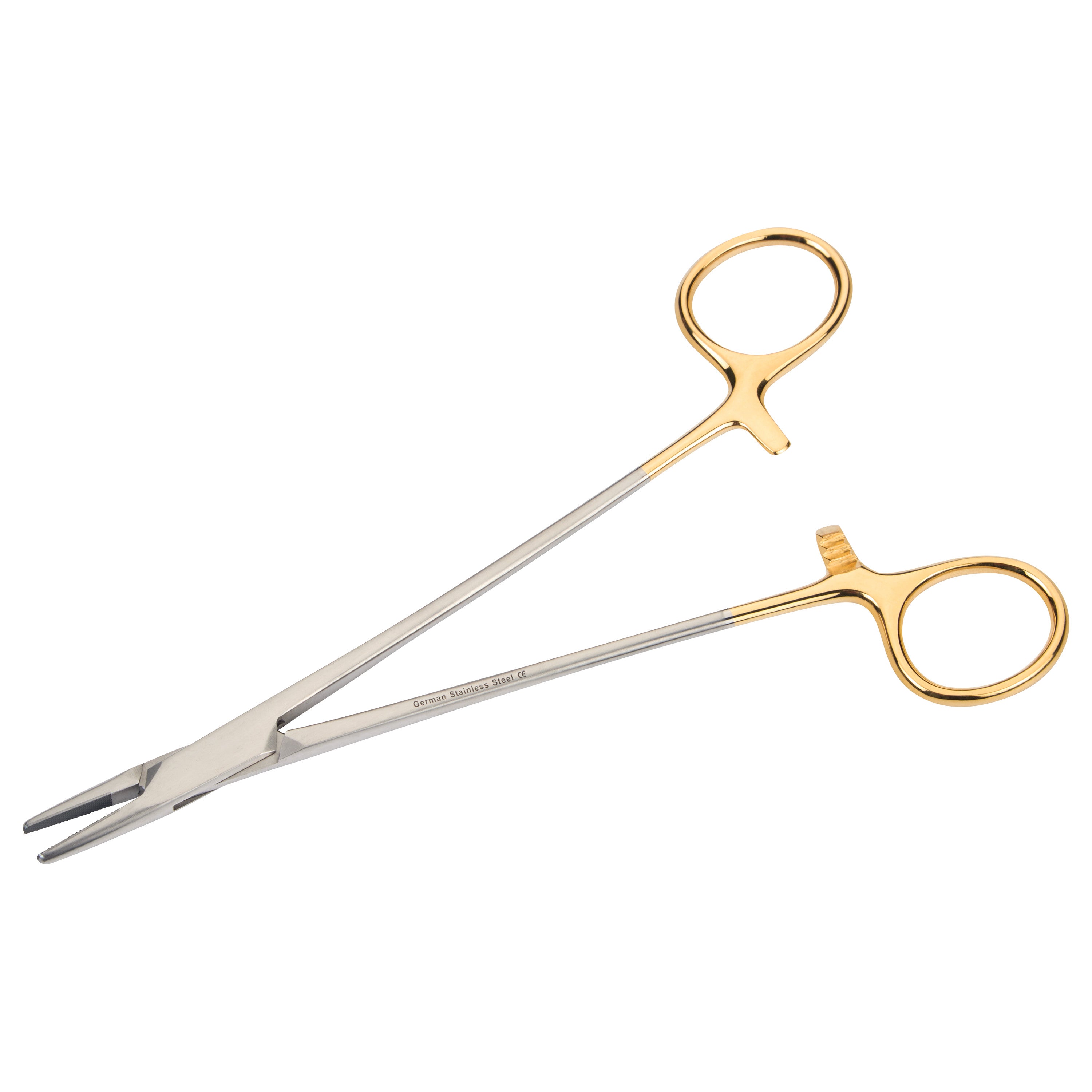 Tungsten Carbide Mayo Hegar Needle Holder with gold rings and a silver body, used for surgical suturing.