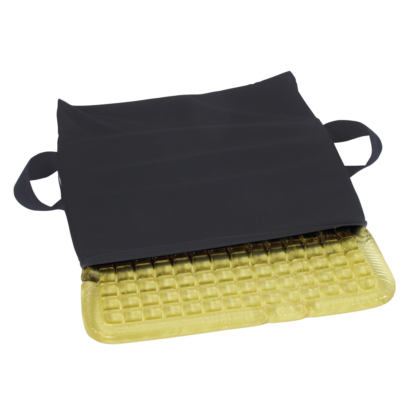 AliMed Checkerboard T-Gel Wheelchair Cushion partially covered by a black fabric casing with handles, revealing its gel surface.