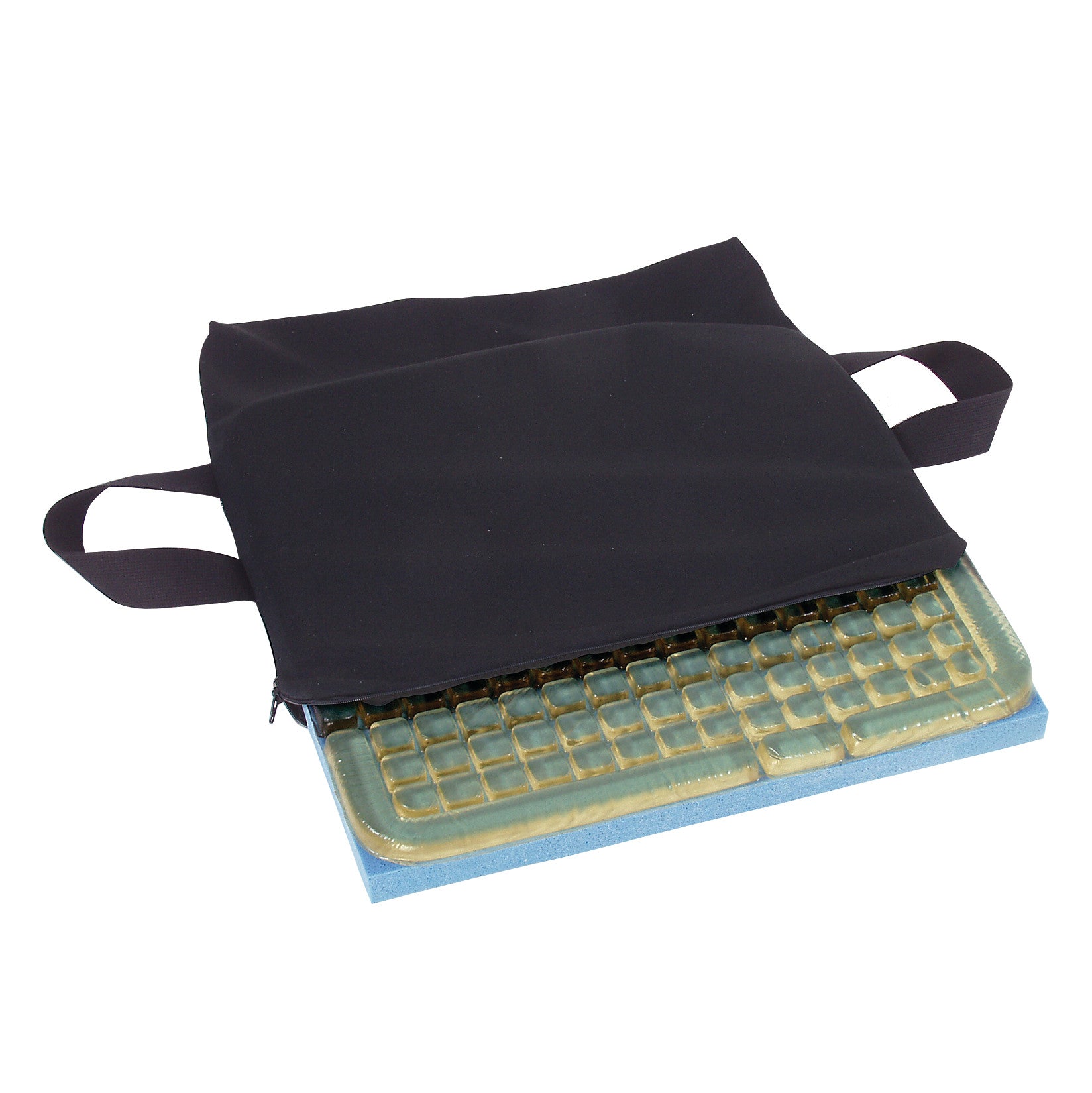 AliMed Checkerboard T-Gel Plus Wheelchair Cushion with a gel grid on foam, partially covered by a black fabric cover.