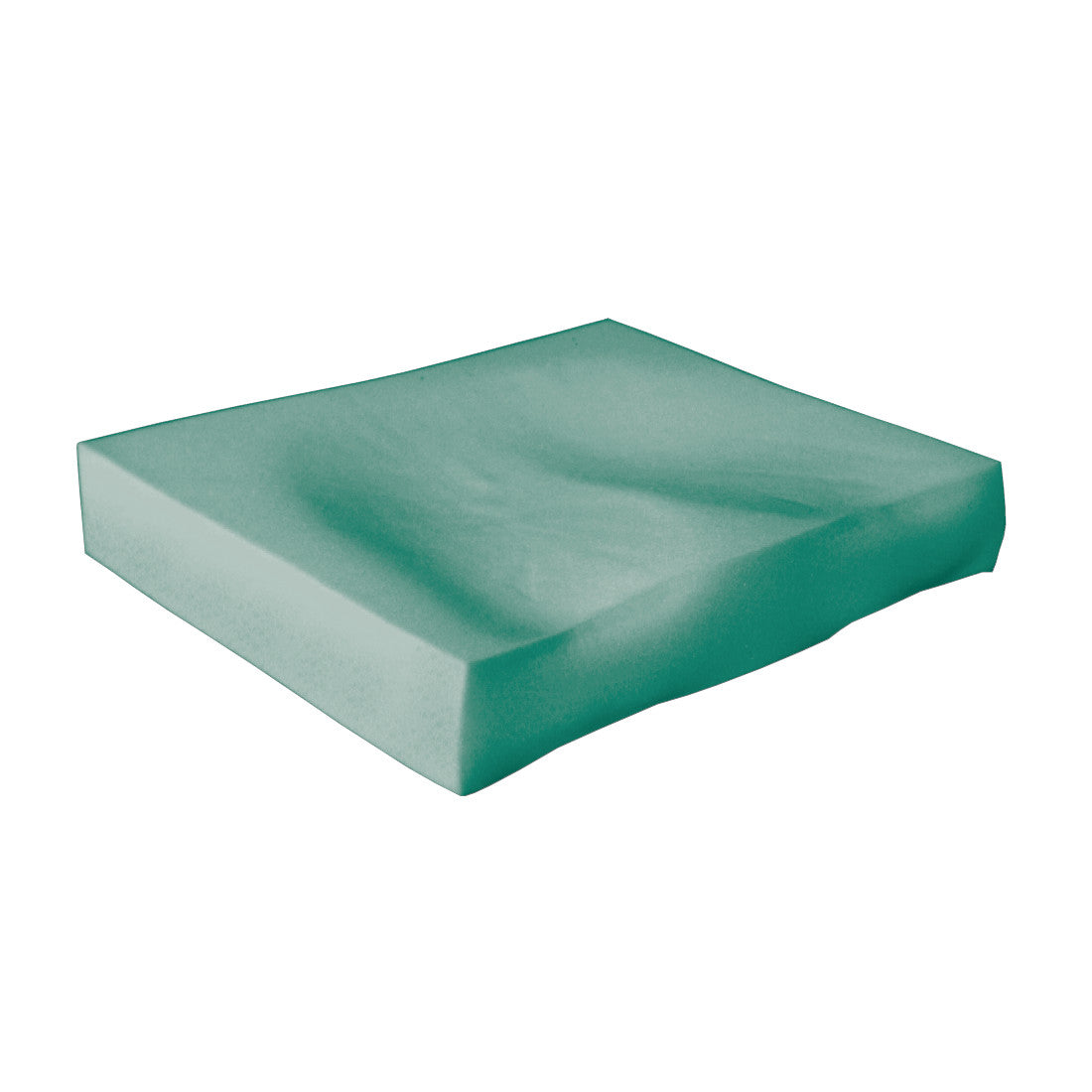 A square, light teal cushion with slight indentations, labeled as AliMed Basic T-Foam Wheelchair Cushion, rests on a white background.