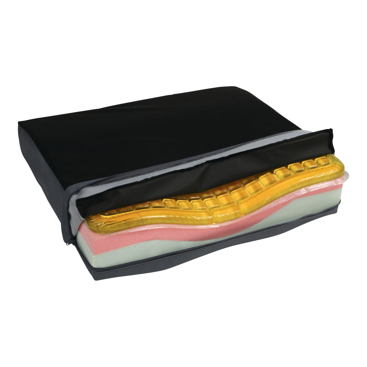 AliMed Coccyx Wheelchair Cushion with Checkerboard T-Gel Topper, showing layers of gel and foam in a black cover.