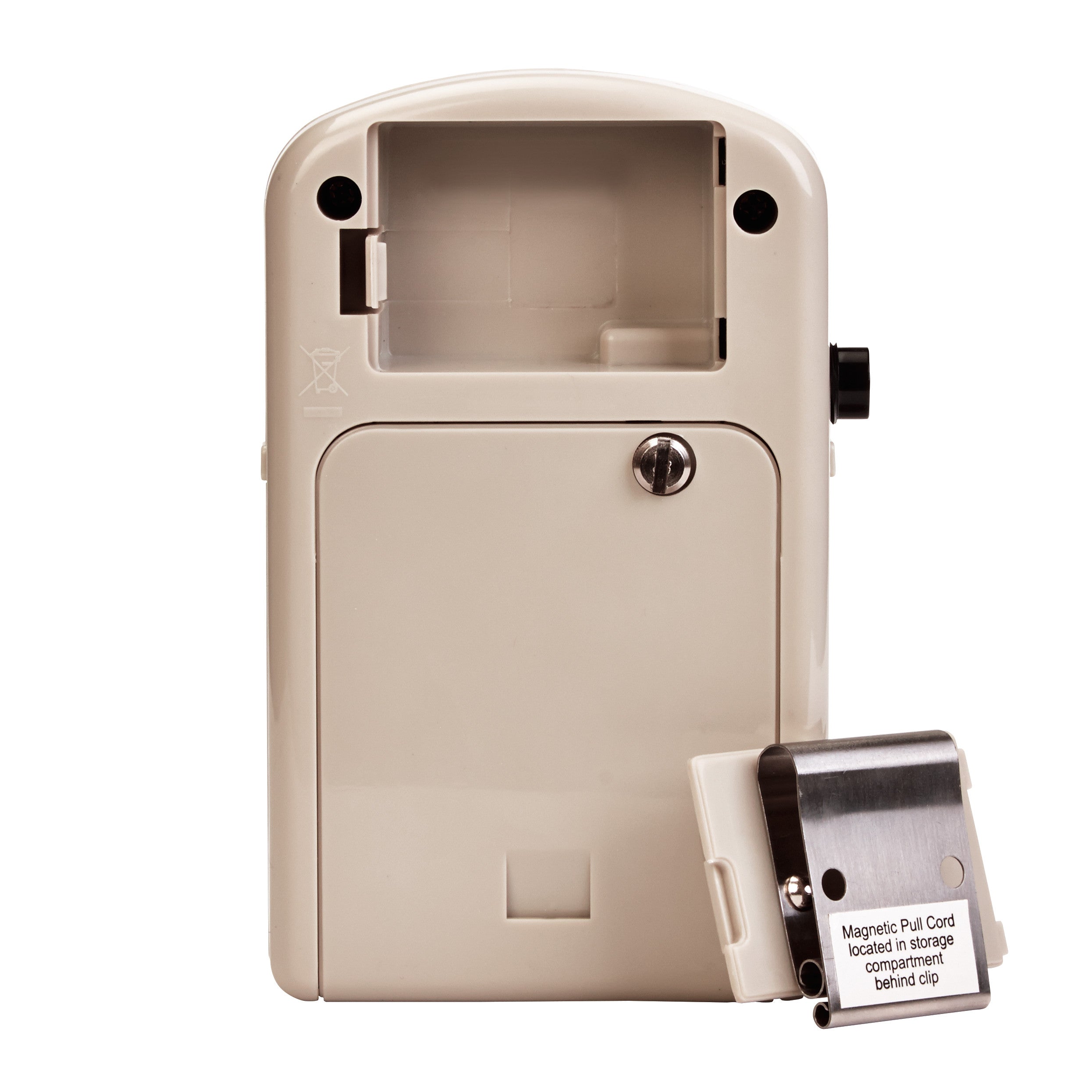 The AliMed IQ VOICE Alarm in beige features a lockable compartment and a detached magnetic pull cord holder with a clip.