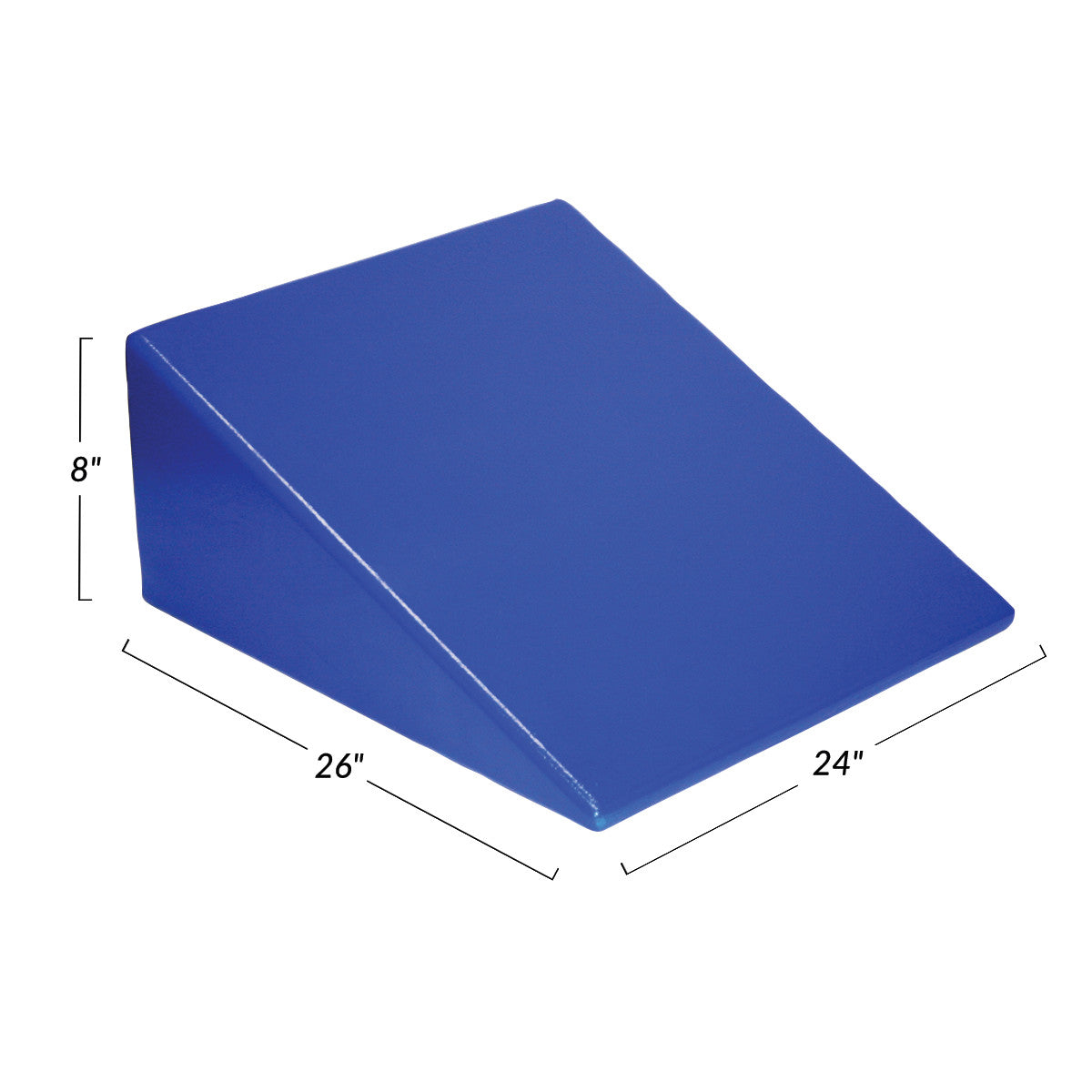 A blue Skillbuilders Positioning Wedge with dimensions labeled: 8" high, 24" wide, and 26" long.