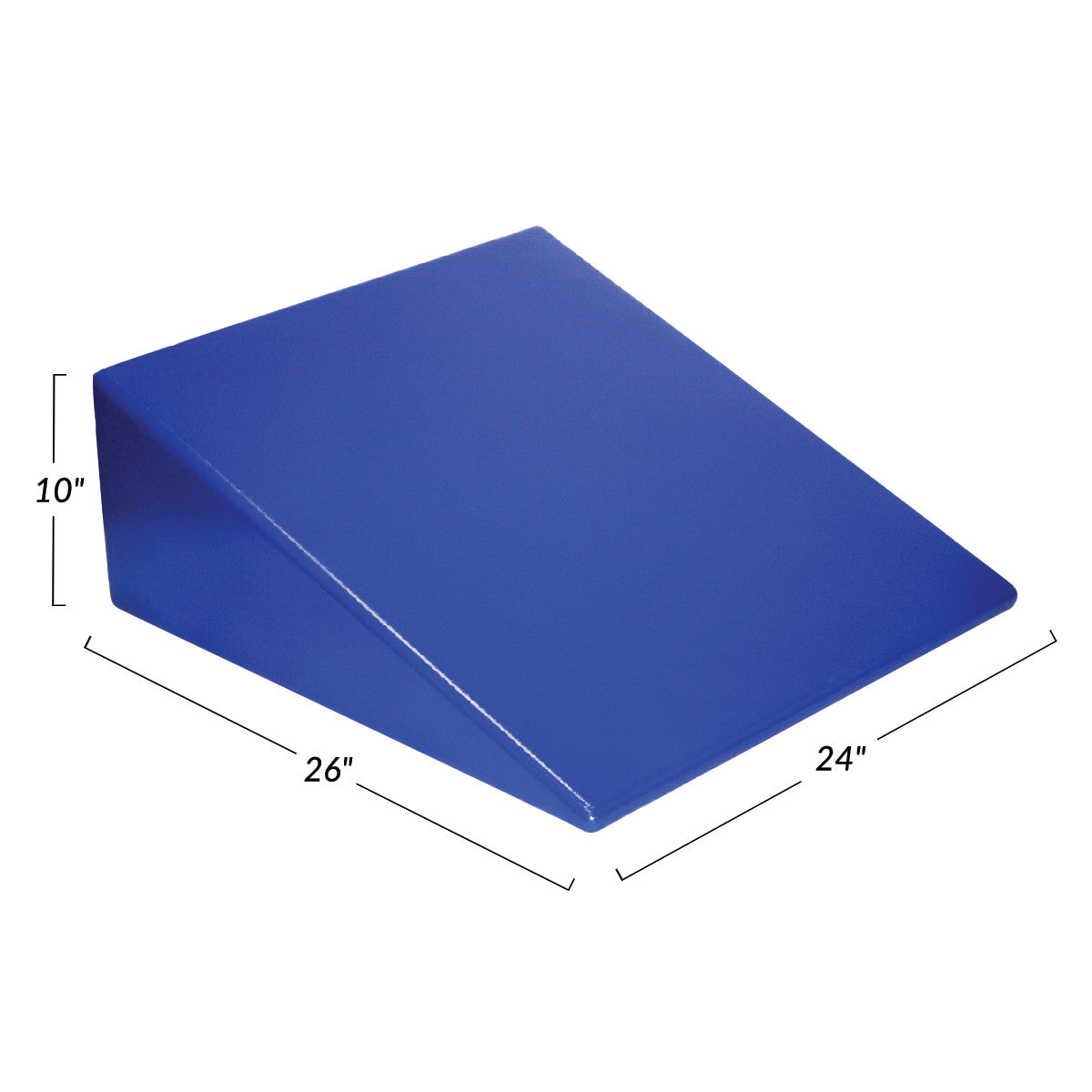 Skillbuilders Positioning Wedge, blue, measures 10" high, 26" long, and 24" wide, with a triangular shape for support.