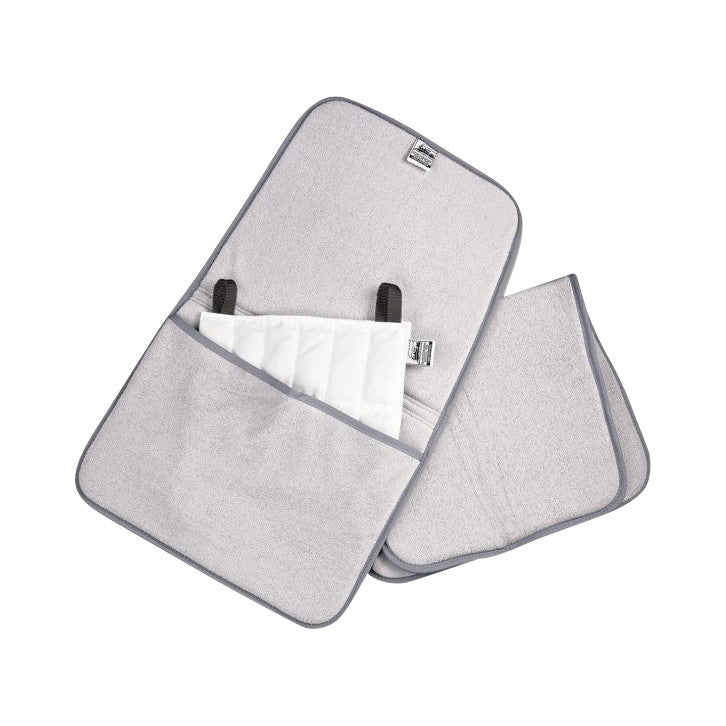 The Chattanooga Hydrocollator Terry Cover is a light gray, rectangular cover with pockets and straps designed to hold hot or cold packs.