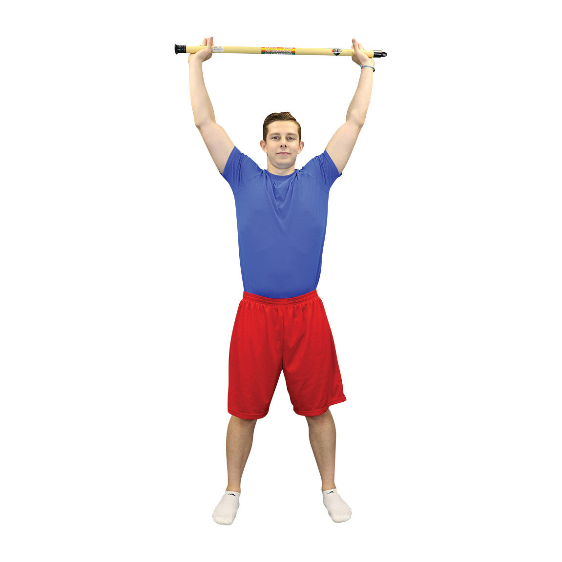 A person holds a CanDo WaTE Bar overhead, wearing a blue shirt, red shorts, and white socks.