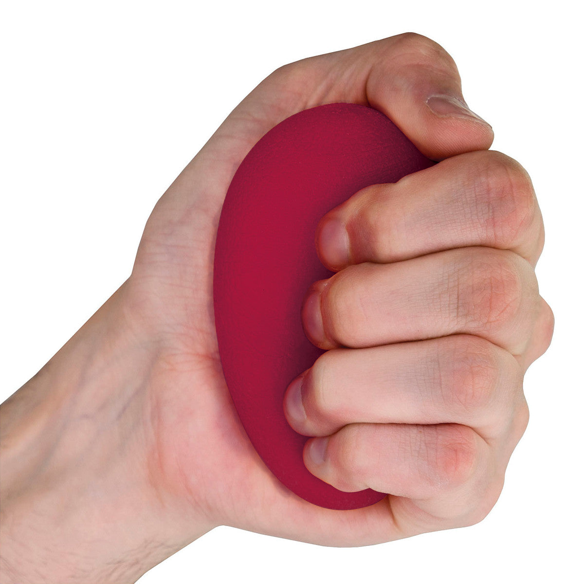 A hand grips a red Eggsercizer Hand Exerciser, designed for hand strength and stress relief.