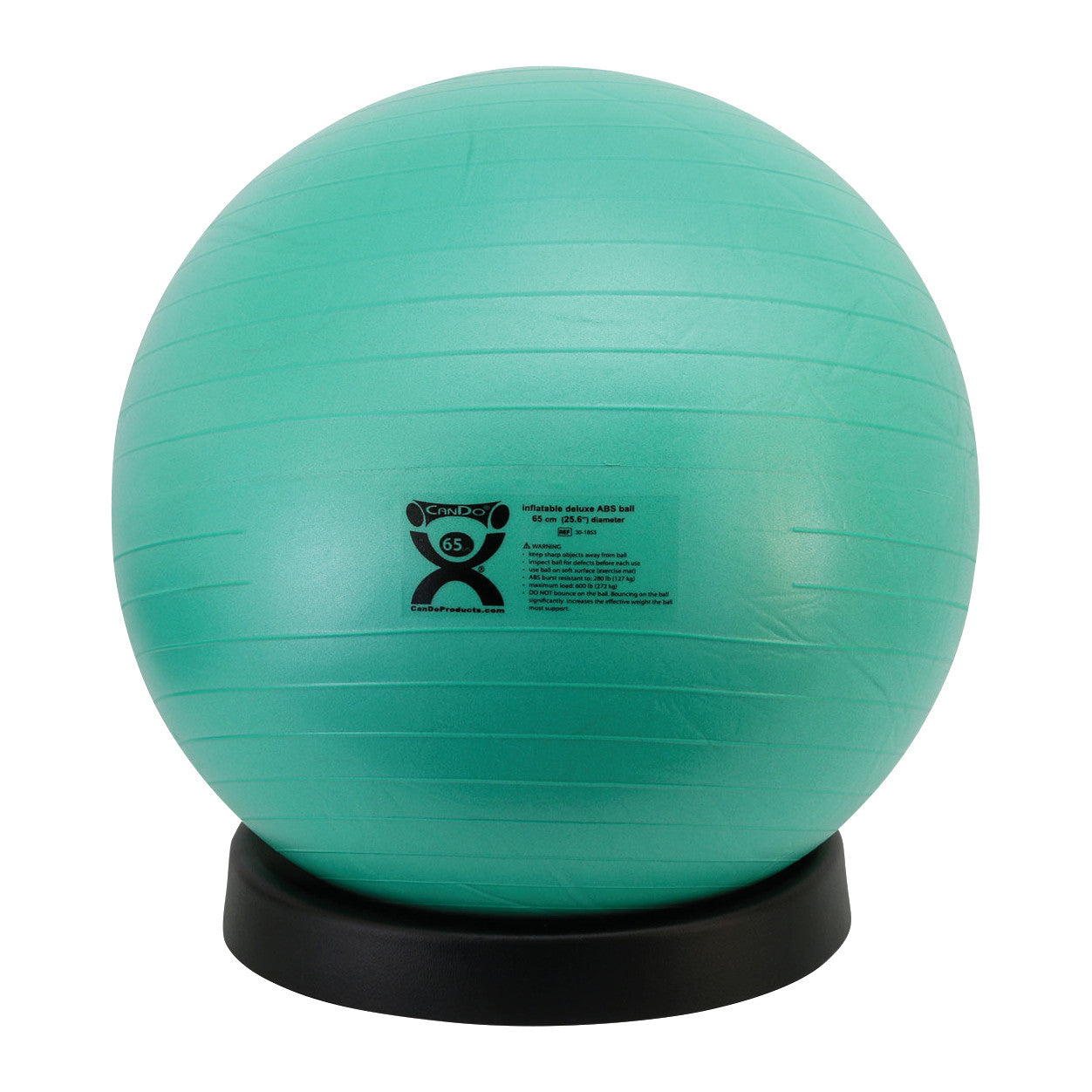 A teal exercise ball with a "Inflatable Exercise Ball Stabilizer Base" in black, designed to provide stability.