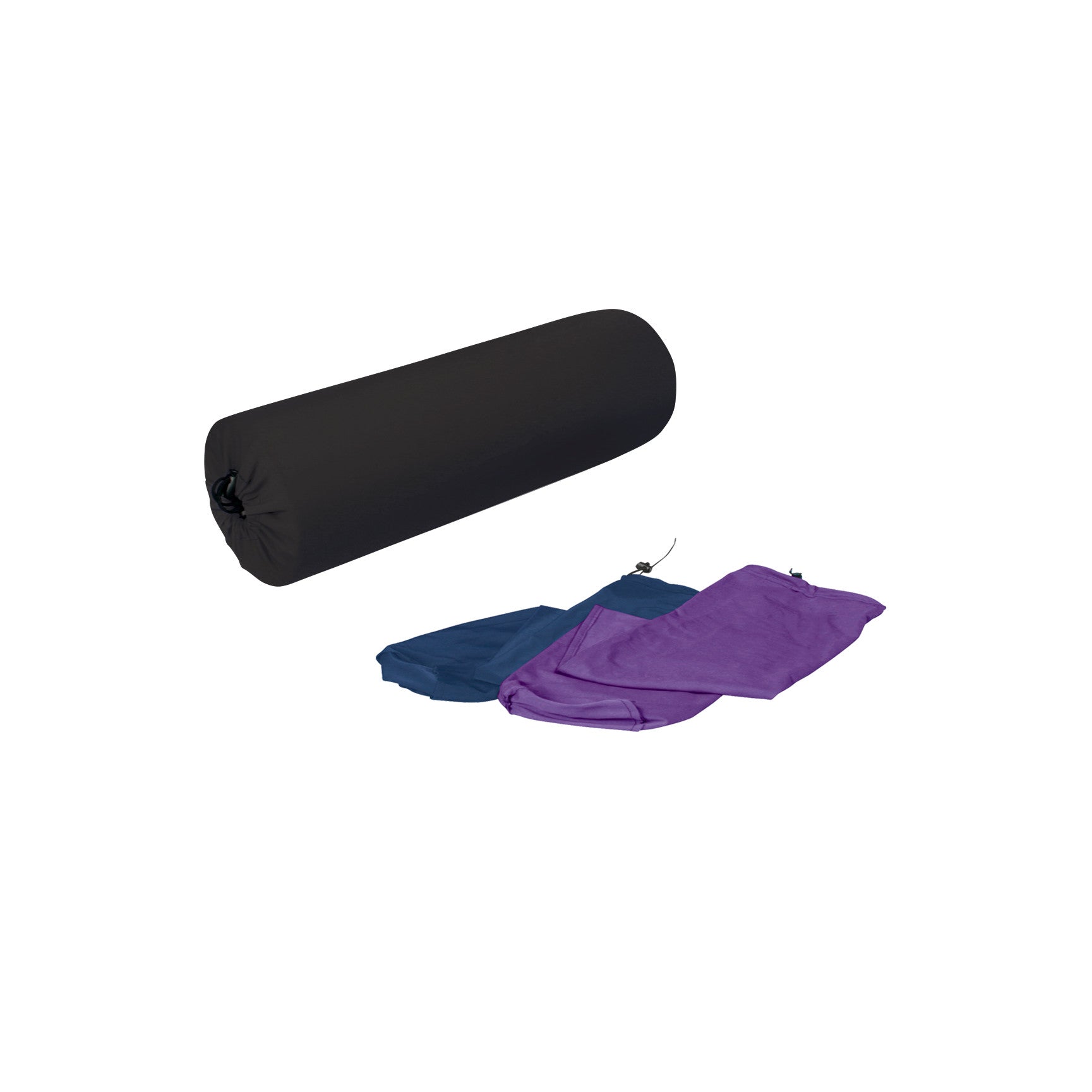 AliMed Foam Roller Cover in black with two additional covers in blue and purple, secured with drawstrings.