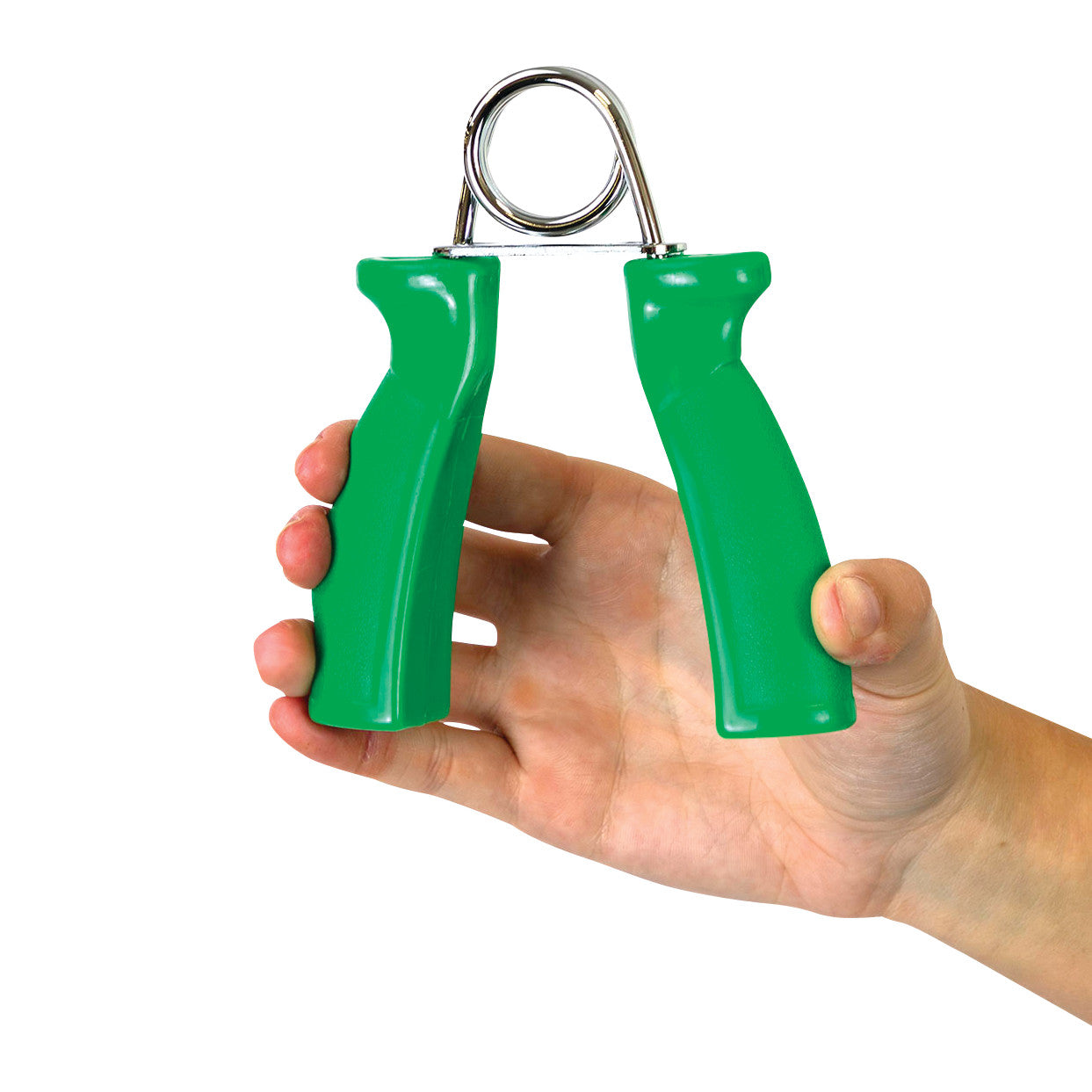 A hand holds a green CanDo Fixed Resistance Grip Exerciser with metal spring for hand strength training.