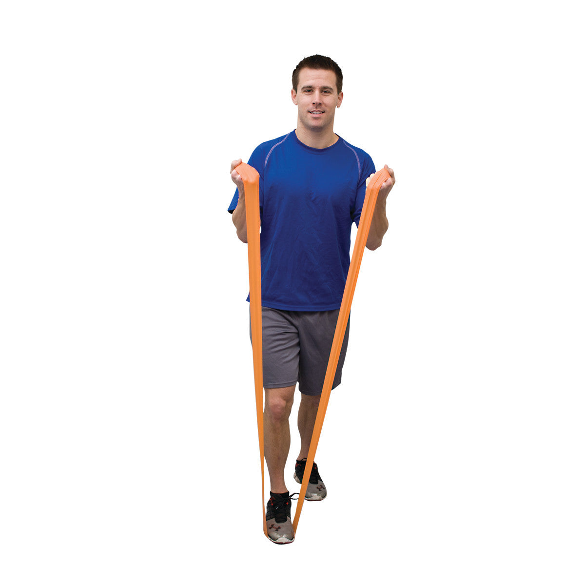 A person stretches an orange CanDo Val-U-Band Non-Latex Exercise Band while standing, dressed in a blue shirt and gray shorts.