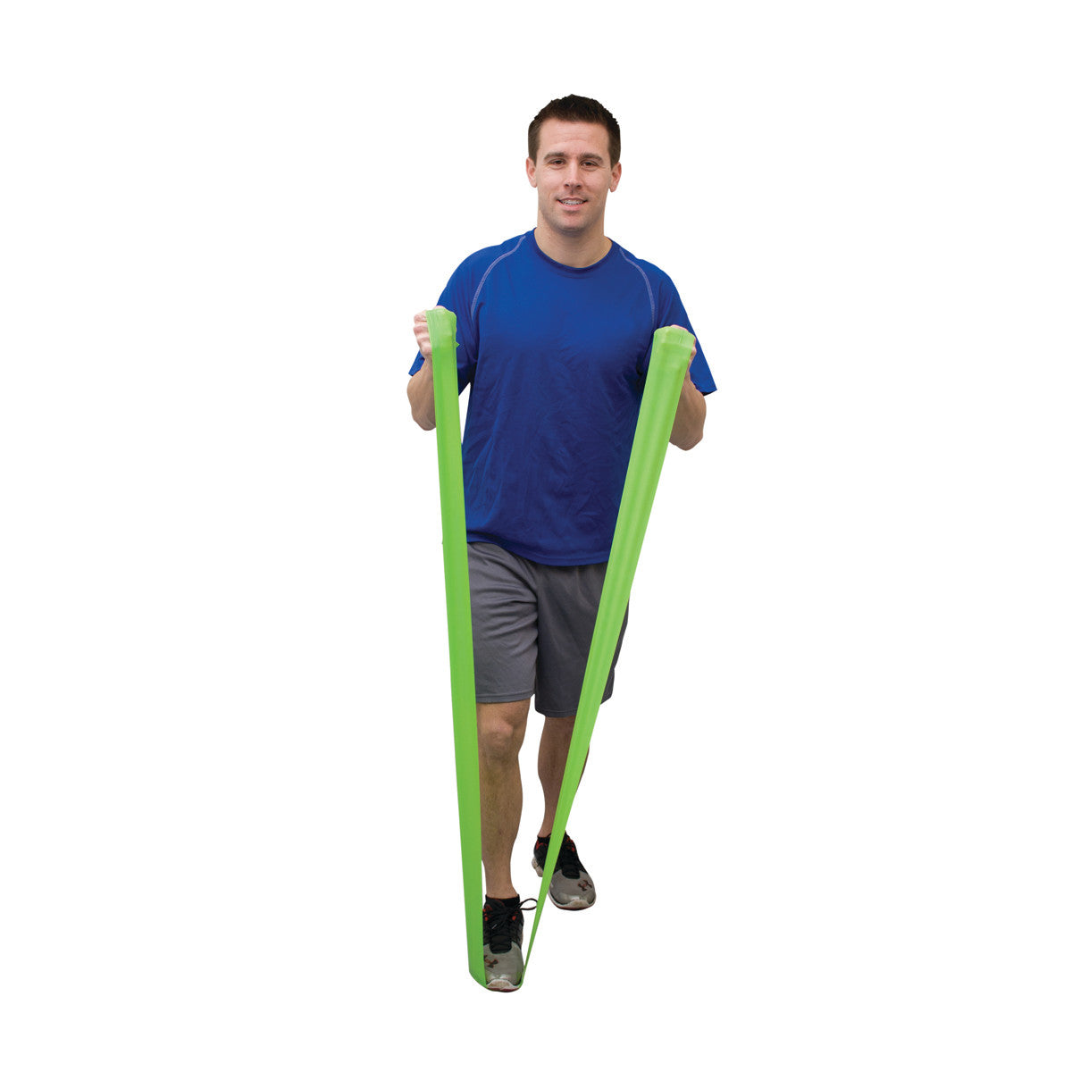 A person exercises with a green CanDo Val-U-Band Non-Latex Exercise Band, wearing a blue shirt and gray shorts.