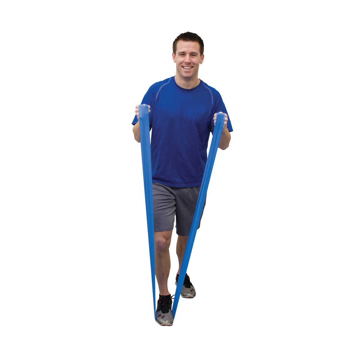 A person exercises with a CanDo Val-U-Band Non-Latex Exercise Band, shown in blue, while wearing a blue shirt and gray shorts.