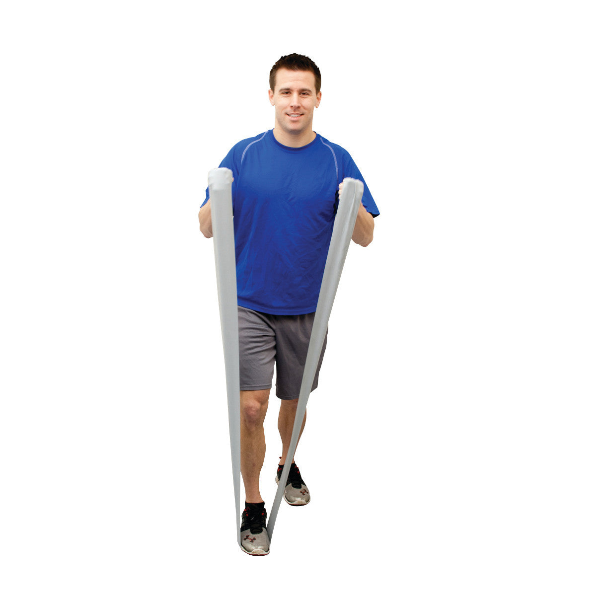 A man in workout attire uses a gray CanDo Val-U-Band Non-Latex Exercise Band, pulling it with both hands while stepping forward.