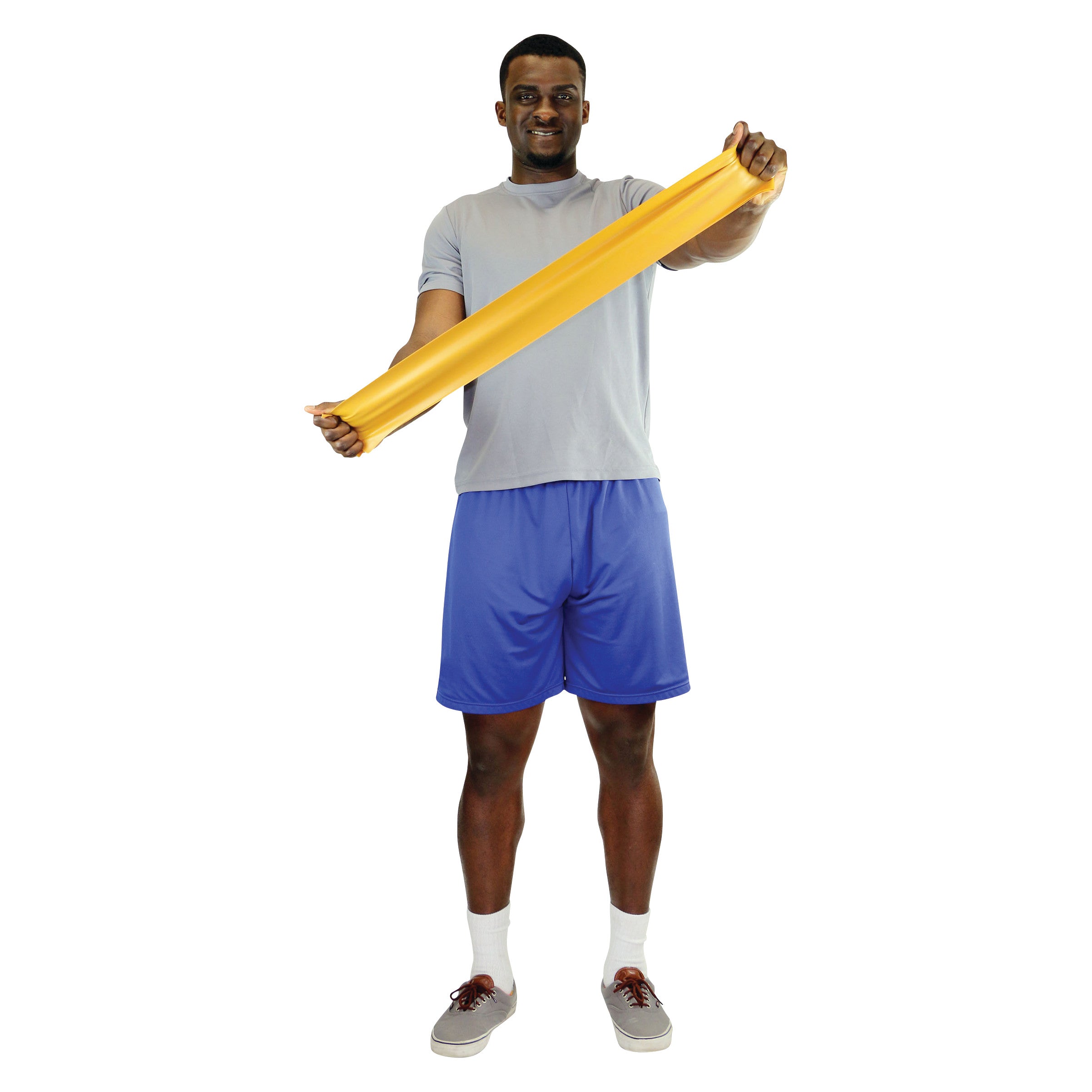 Man with a yellow CanDo Sup-R Band Non-Latex Exercise Band, wearing a grey shirt and blue shorts, performs a stretching exercise.