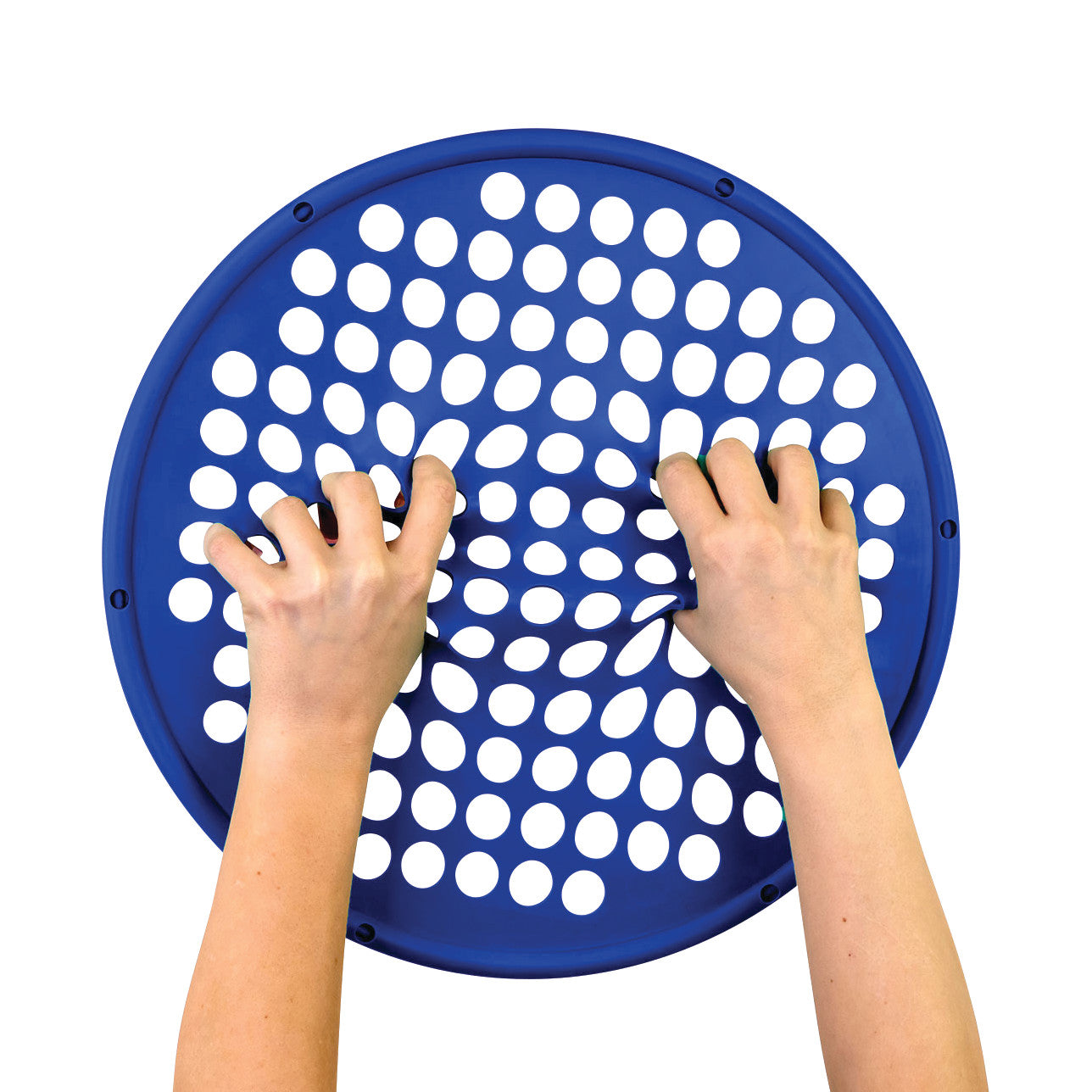 Two hands grip a blue CanDo Hand Exercise Web with circular holes, designed for finger and hand strengthening exercises.