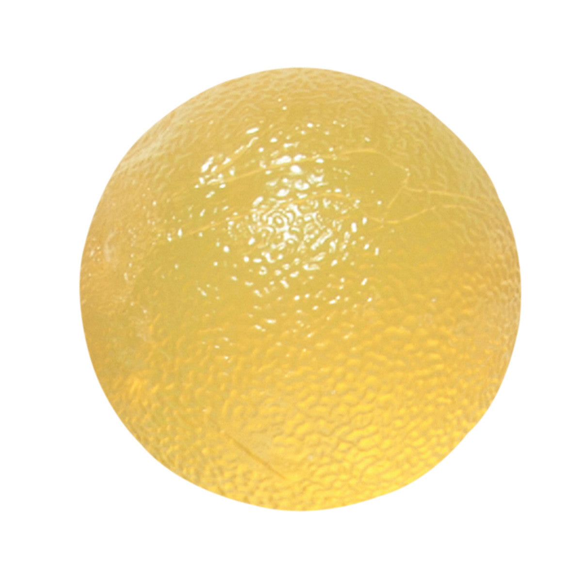 A yellow CanDo Gel Squeeze Ball with a textured surface, used for hand therapy and grip strengthening exercises.