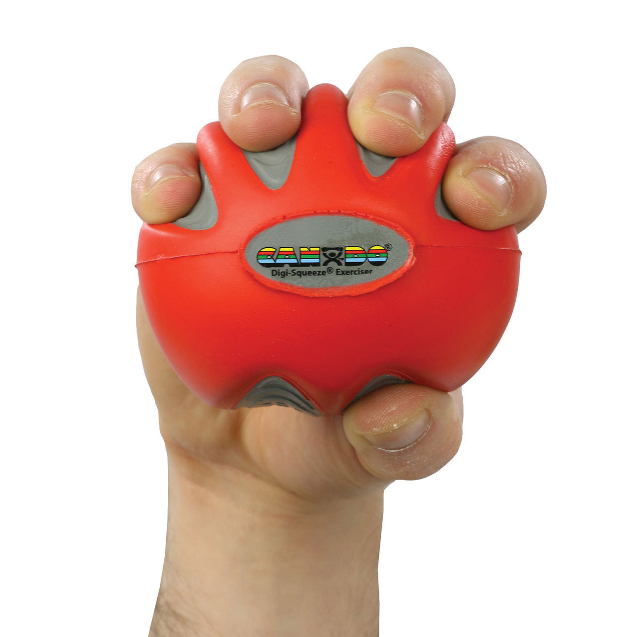A hand grips a red CanDo Digi-Squeeze Hand Exerciser with gray accents and a logo visible in the center.