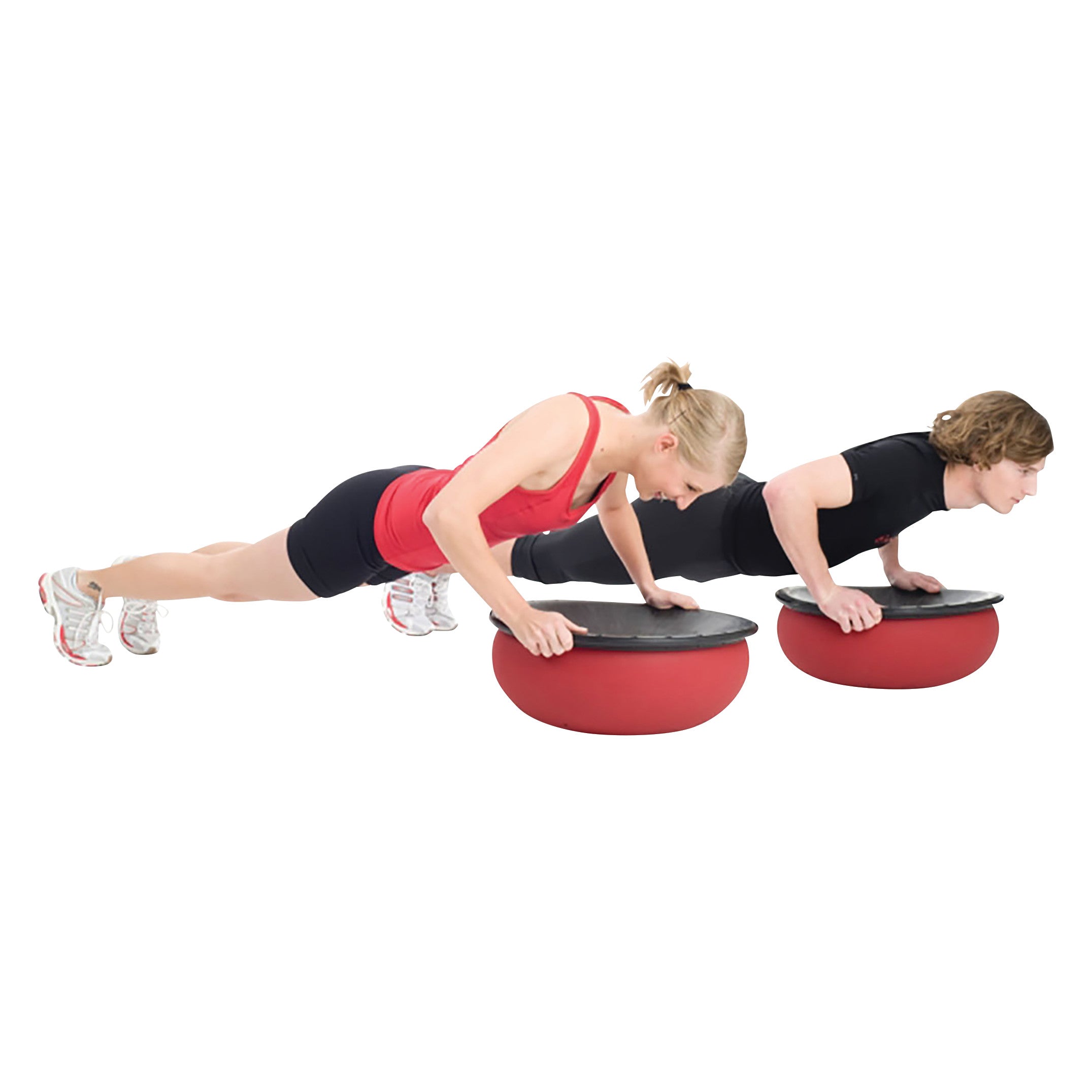 Two people perform push-ups on TOGU Jumper Stability Domes, red inflatable workout equipment with black tops, enhancing balance.