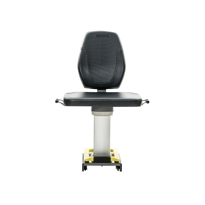 A black and gray SCIFIT PRO1000 Upper Body Exerciser seat with a cushioned backrest and adjustable height base on wheels.