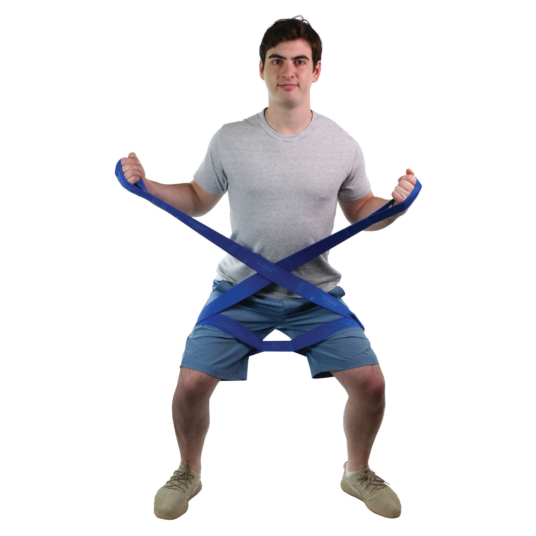 A person demonstrates the "CanDo Multi-Grip Exerciser," a blue resistance band, while standing in a squat position.