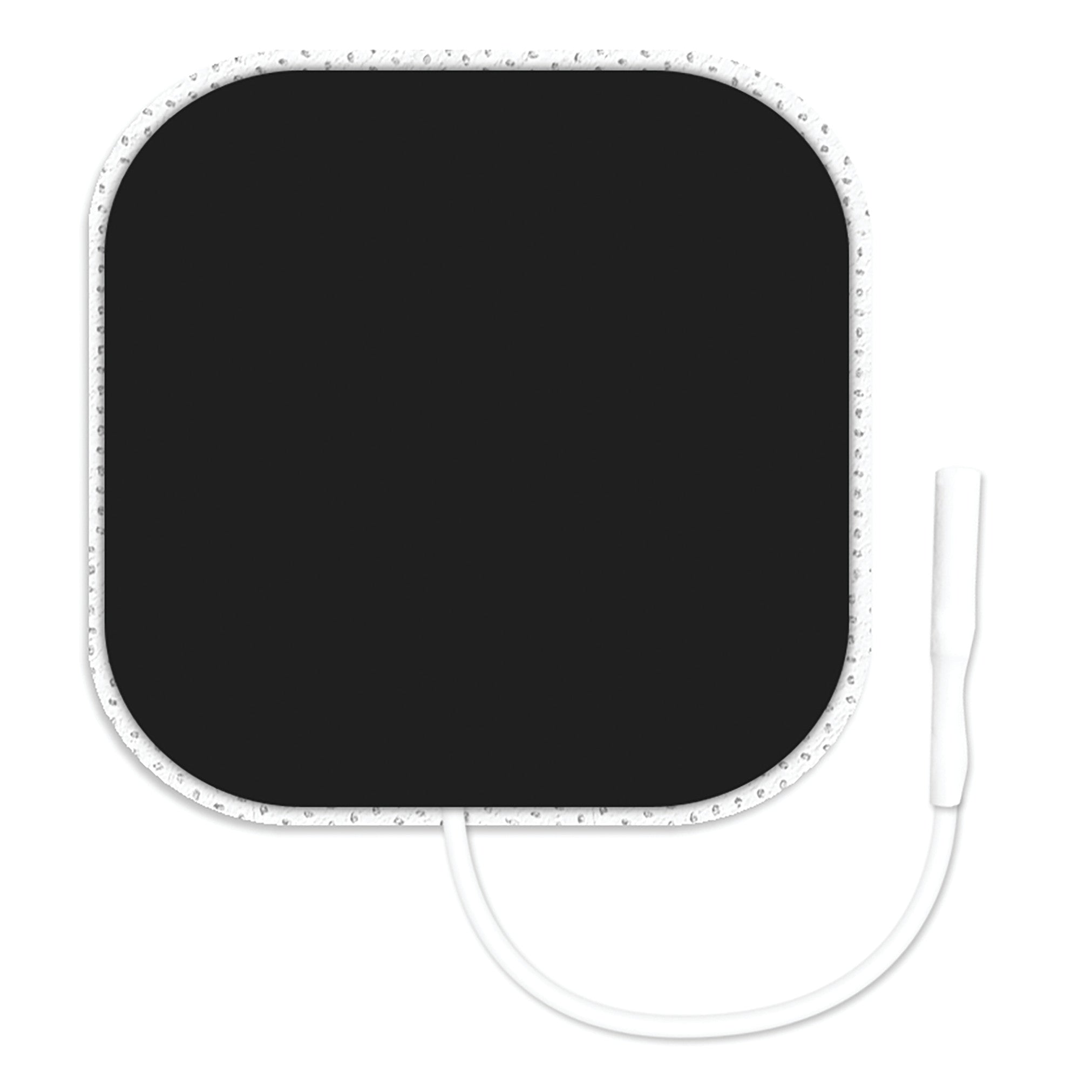 Square black ValuTrode X Cloth Electrode with rounded corners, bordered in white, attached to a white cable ending in a connector.