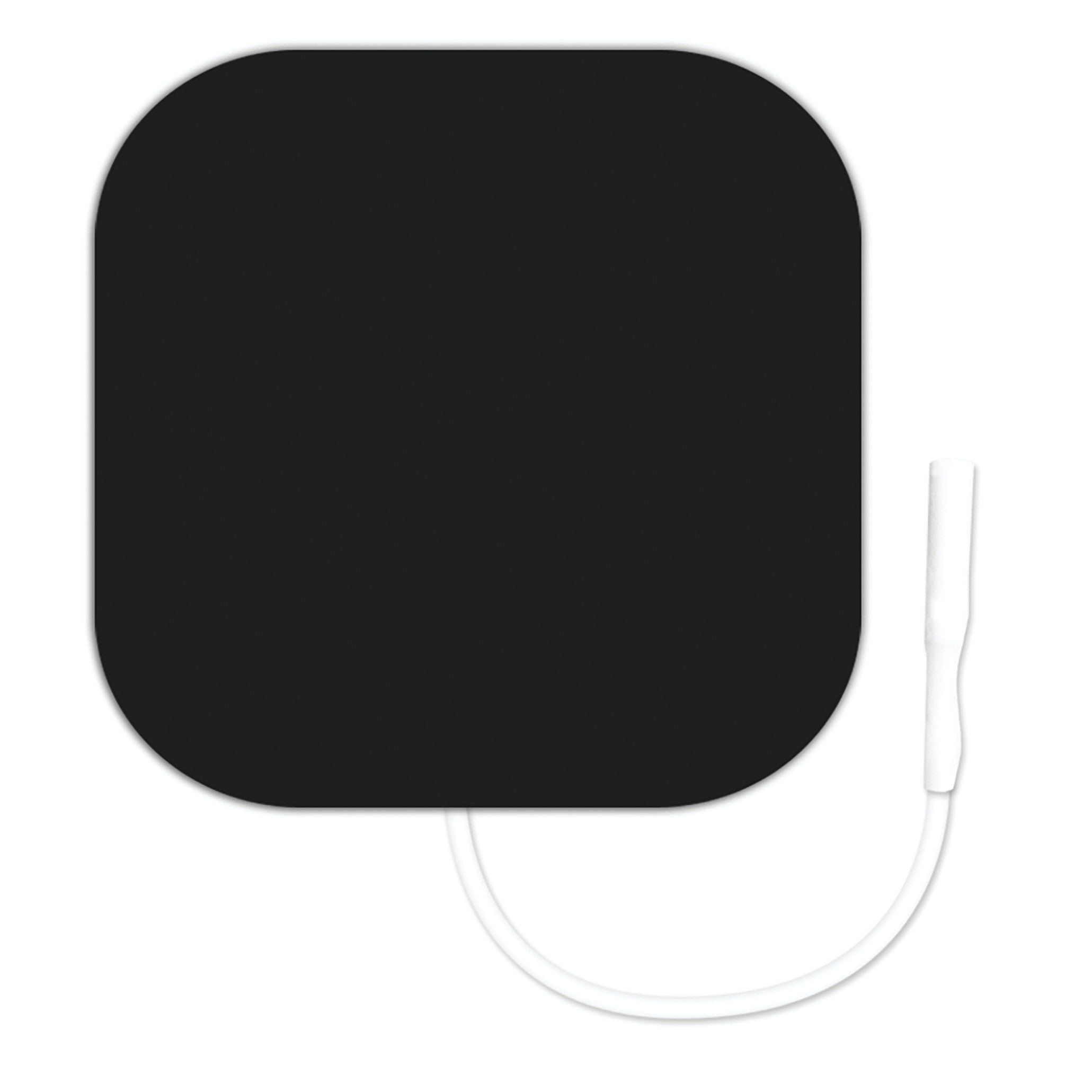 ValuTrode Cloth Electrode, a square black electrode pad with rounded corners, features a white wire and connector for medical use.