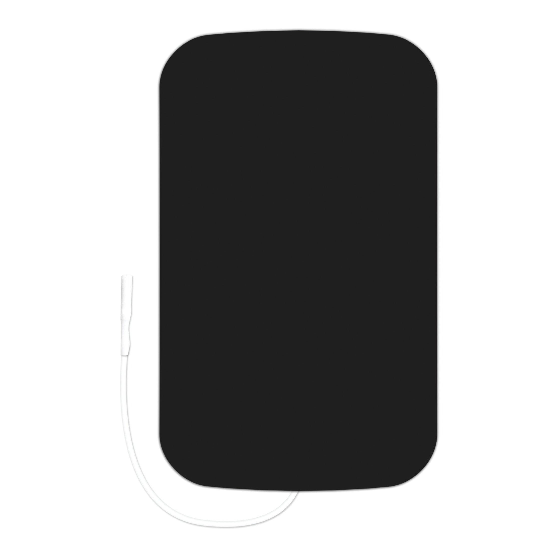 Rectangular ValuTrode Cloth Electrode with a black surface and white wire attached, on a white background.