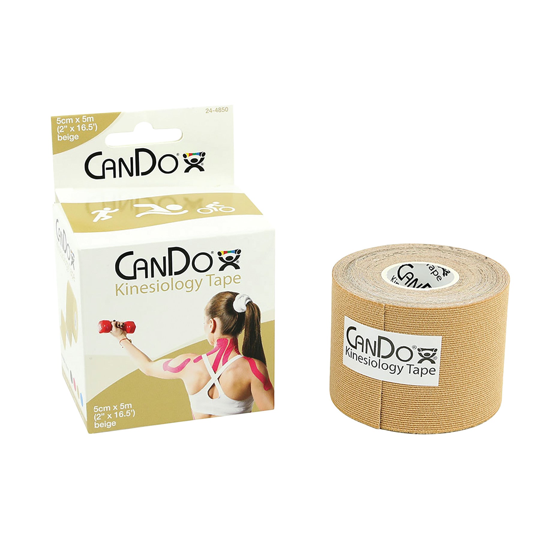 CanDo Kinesiology Tape with a beige roll is shown next to its packaging, featuring an image of a person using the tape.