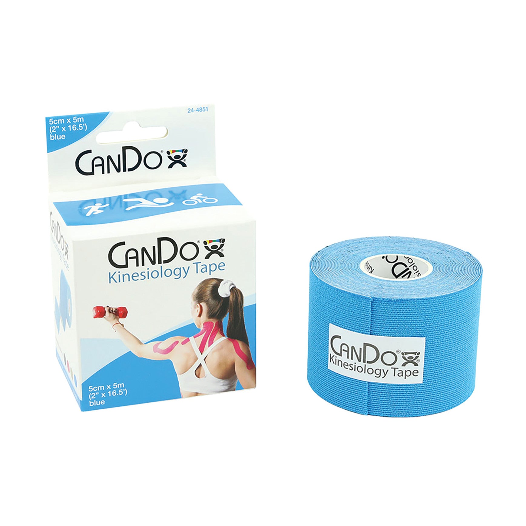 CanDo Kinesiology Tape in blue is shown alongside its packaging, featuring an image of a person using the tape on their shoulder.