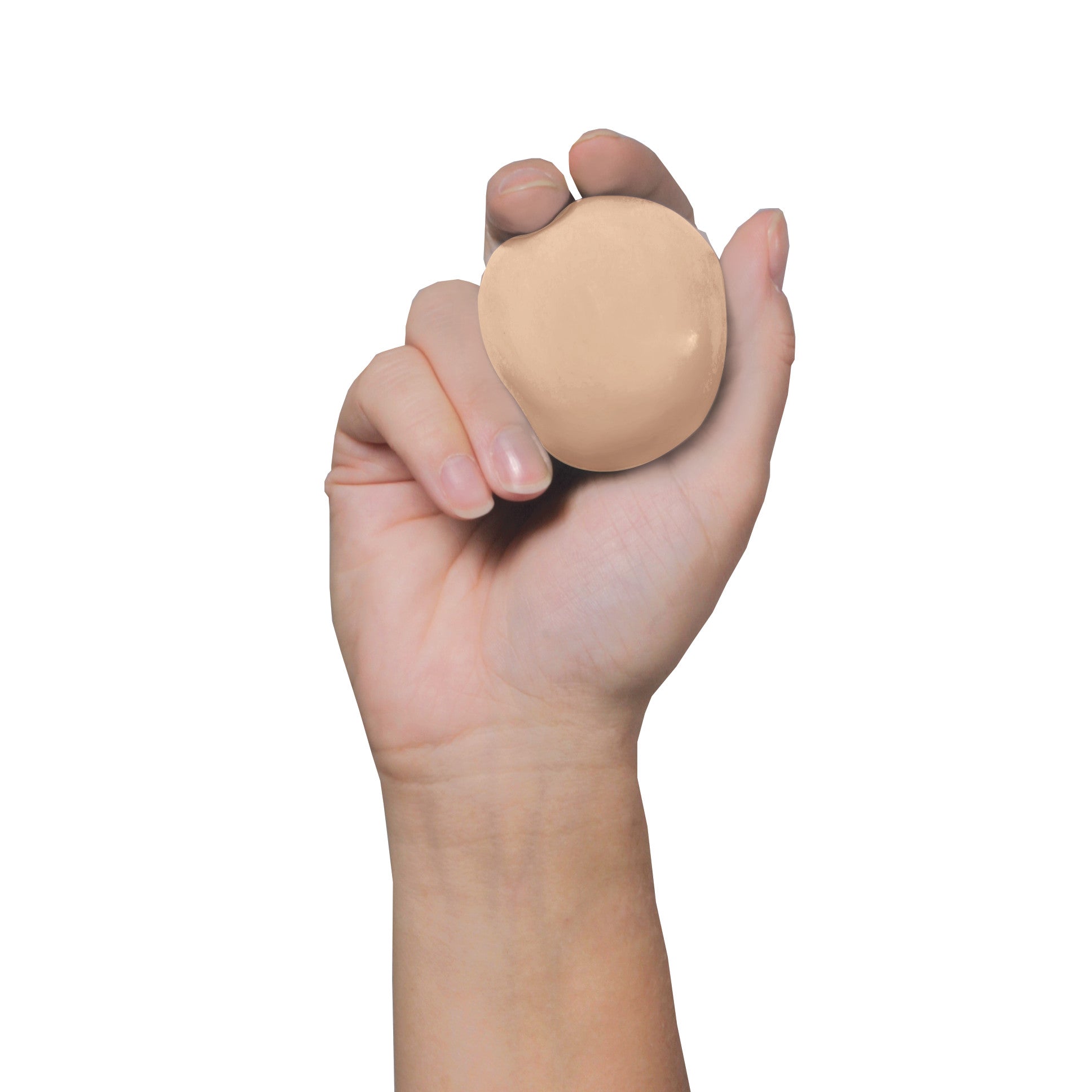 A hand holds beige AliMed Color-Coded Therapy Putty against a white background.
