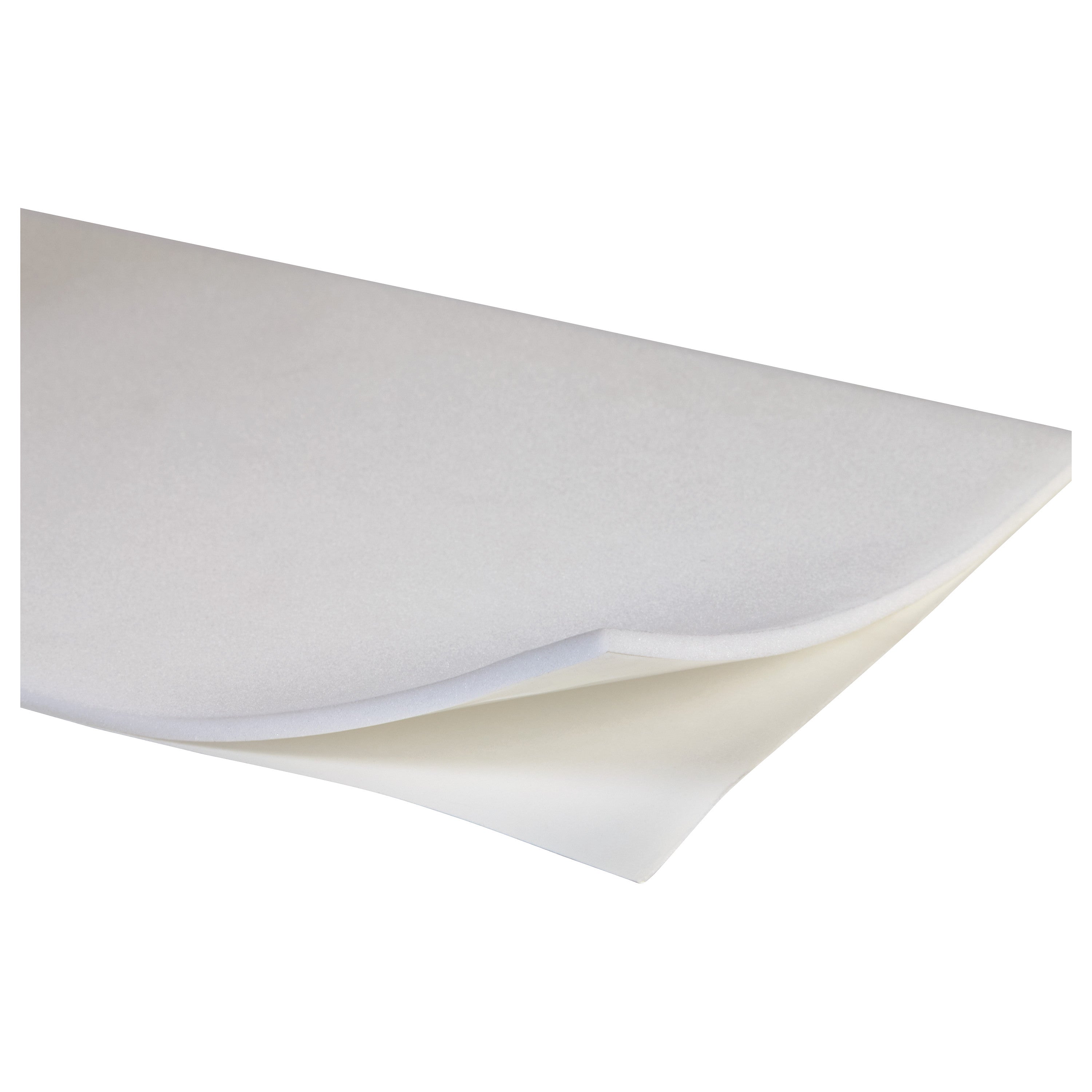 AliMed Plastazote Self-Stick Padding, shown with slightly folded corner, displaying its smooth, white, adhesive-backed surface.