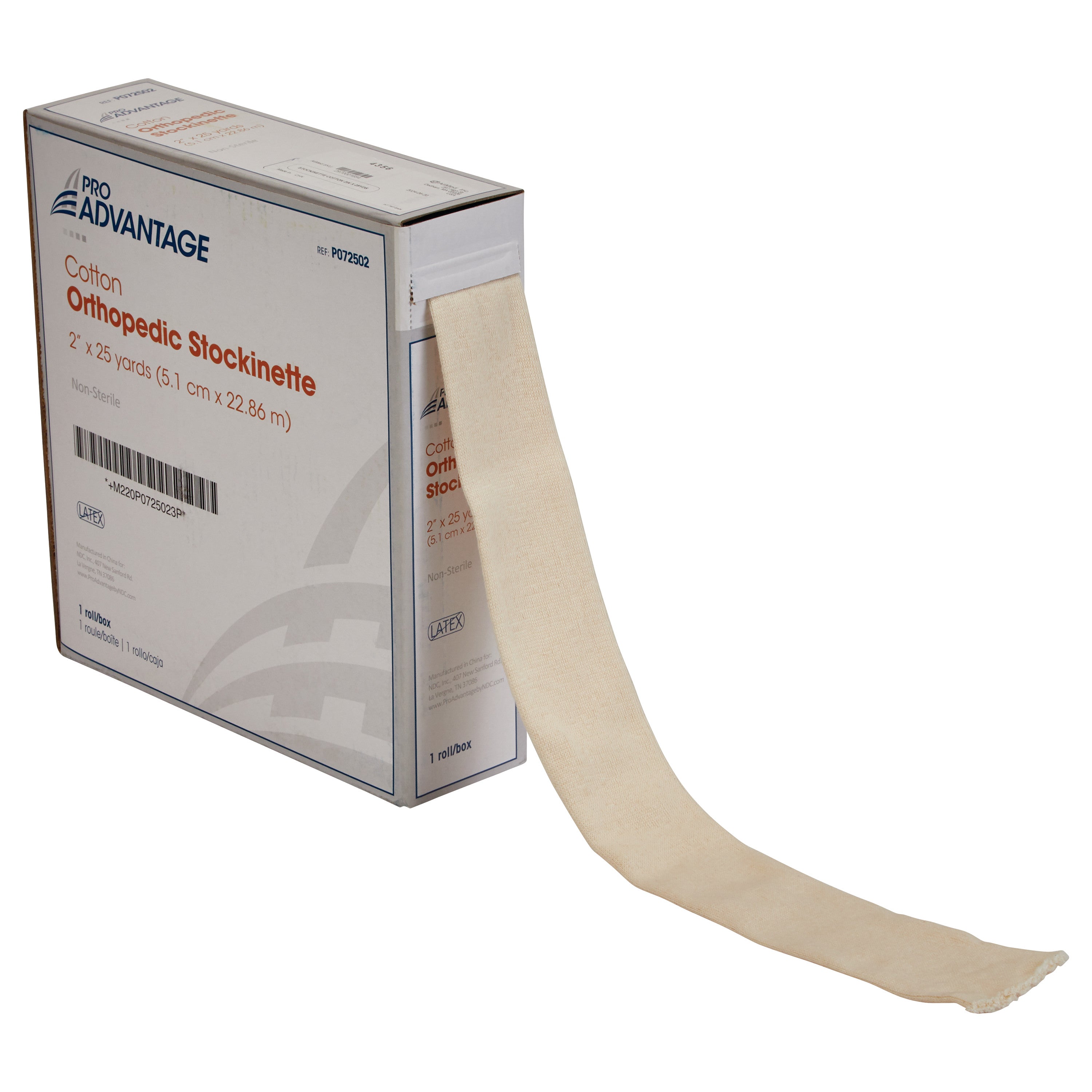 Cotton Stockinette in a box with an exposed beige fabric roll, labeled as 2\" x 25 yards, intended for orthopedic use.