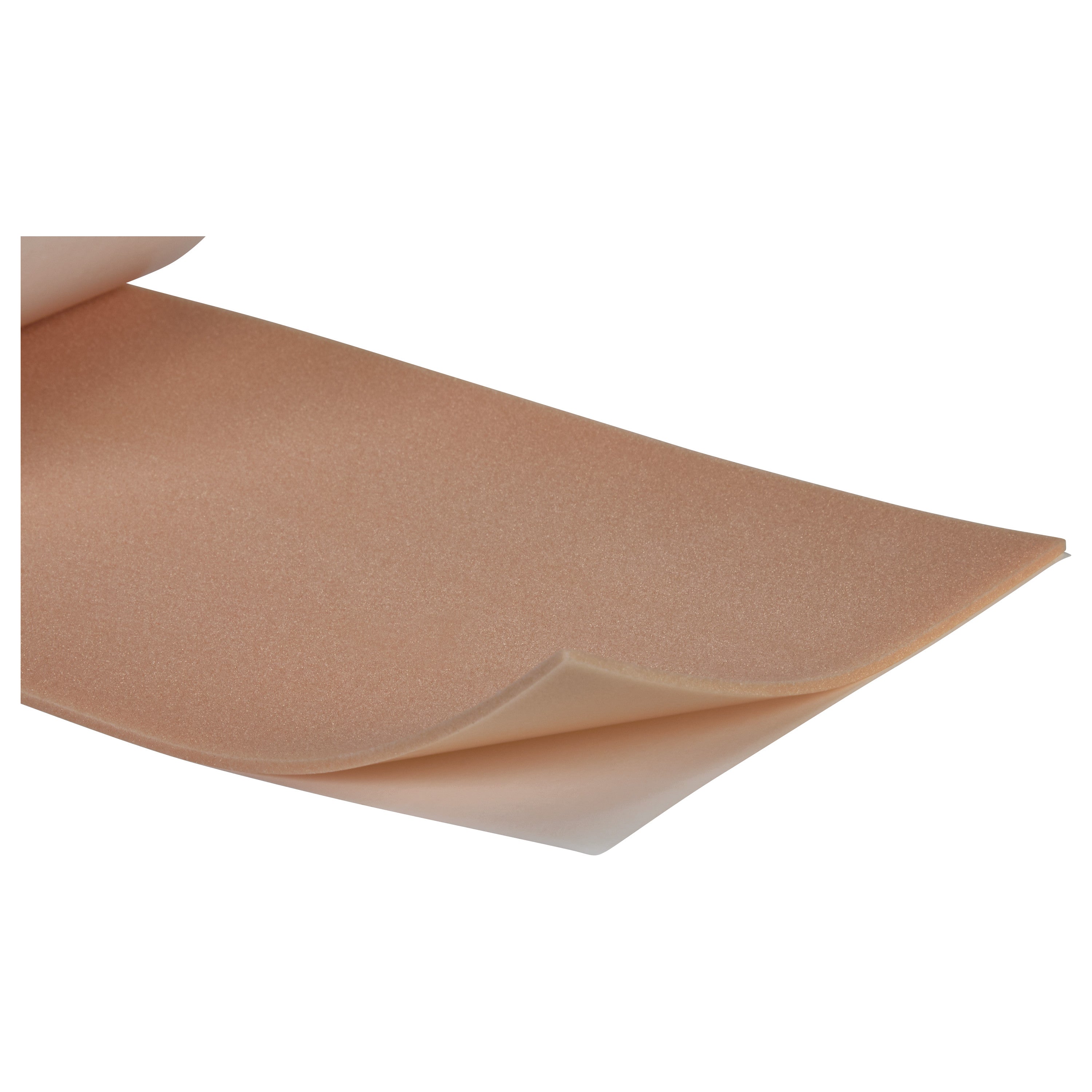 A sheet of pink AliMed Plastazote Self-Stick Padding with one corner slightly curled, showing its flexibility and adhesive backing.