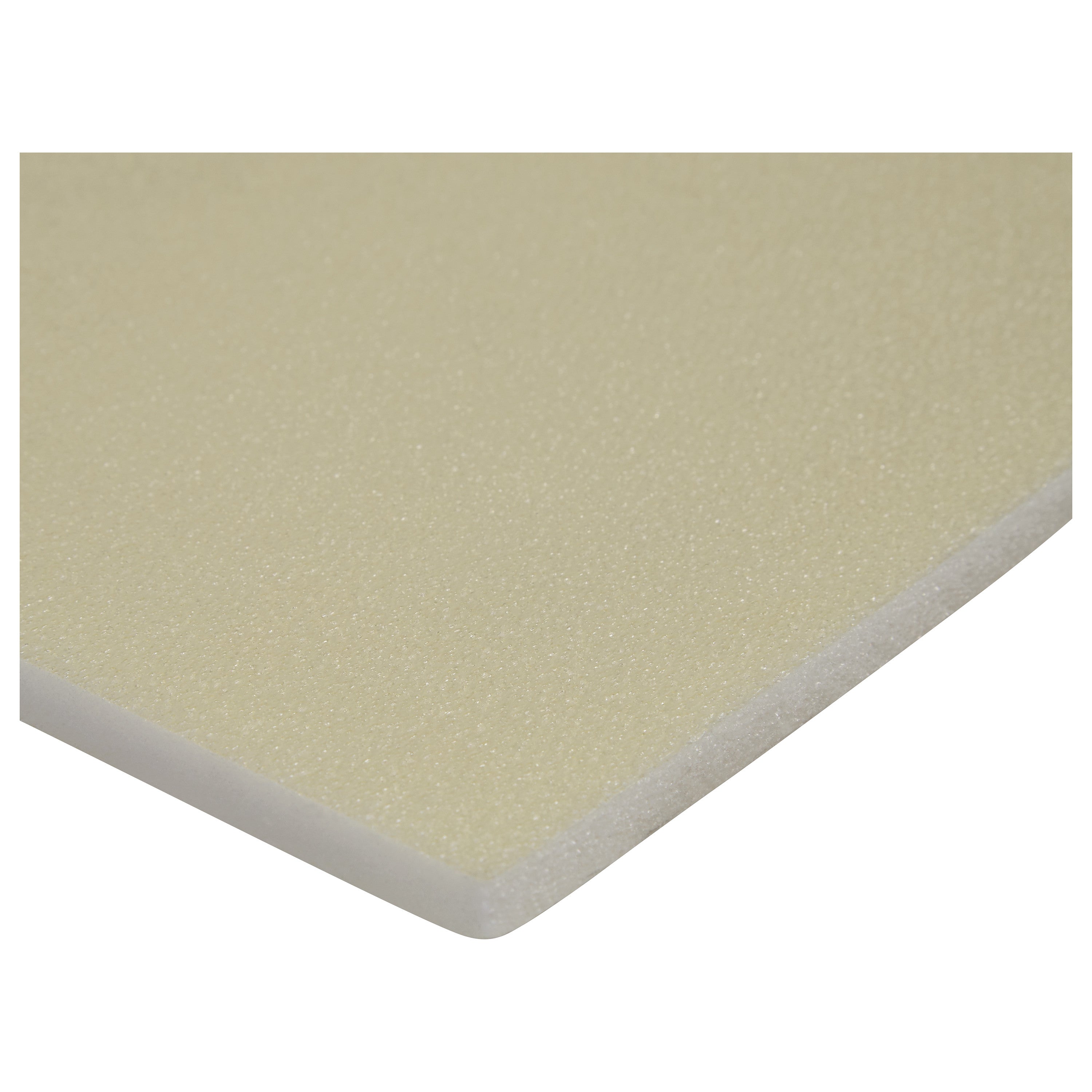 A close-up of an AliMed AliPlast XPE foam sheet, showing its smooth, beige surface and white edge.