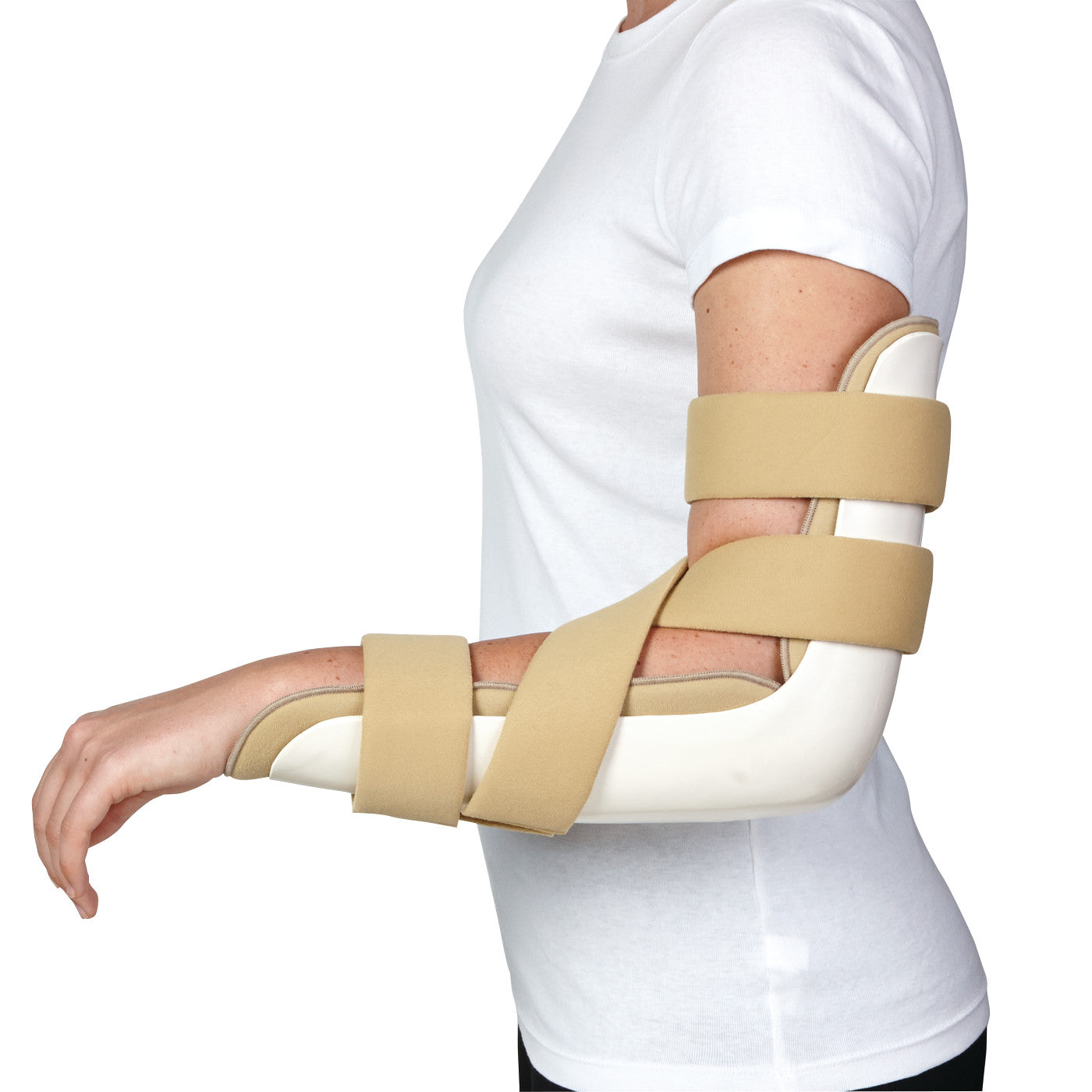 A person wearing the AliMed Posterior 90 Degree Flexion Elbow Orthosis, featuring beige straps and a white support brace.