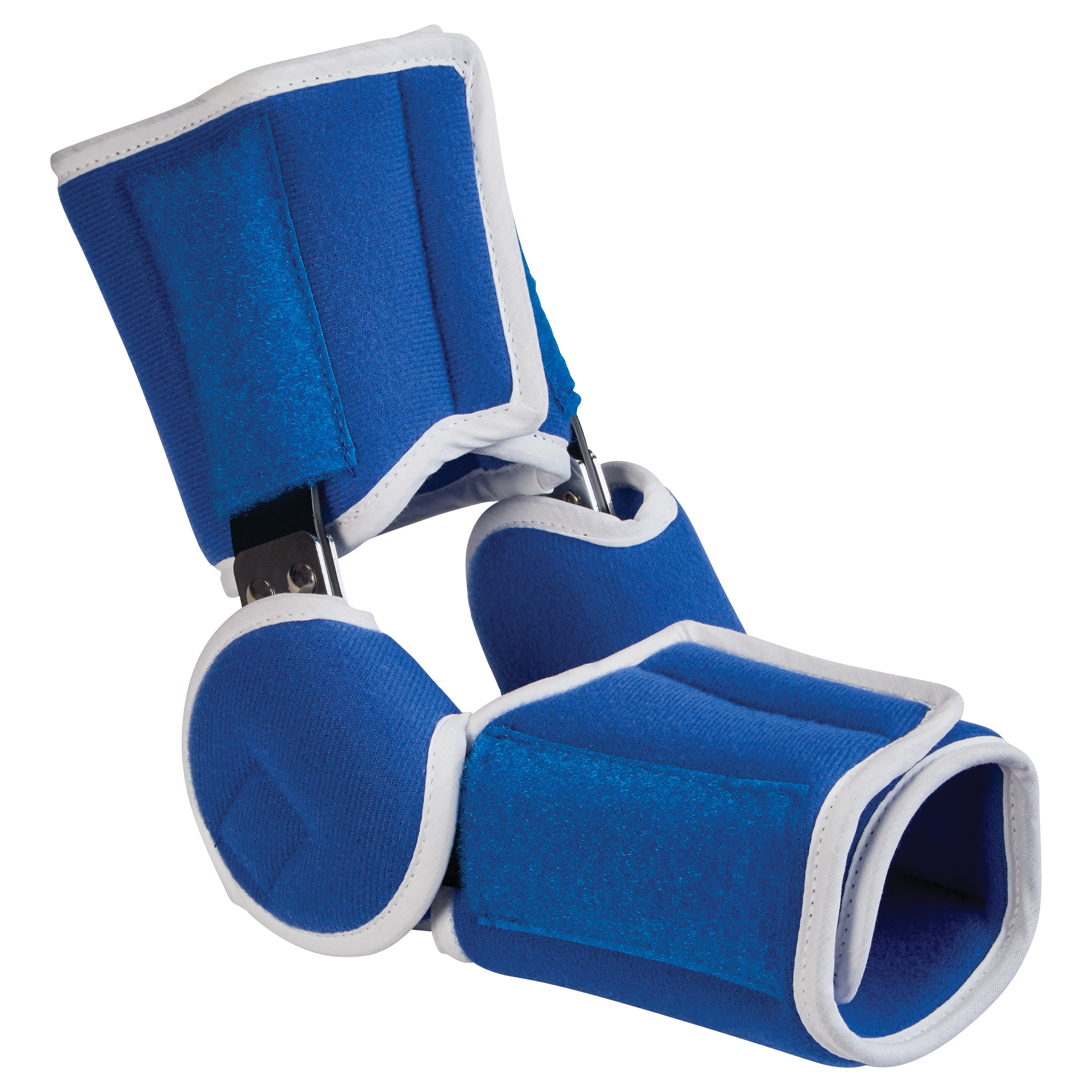 Blue AliMed Easy-On Elbow Brace with white trim and metal hinges, designed for elbow support and immobilization.