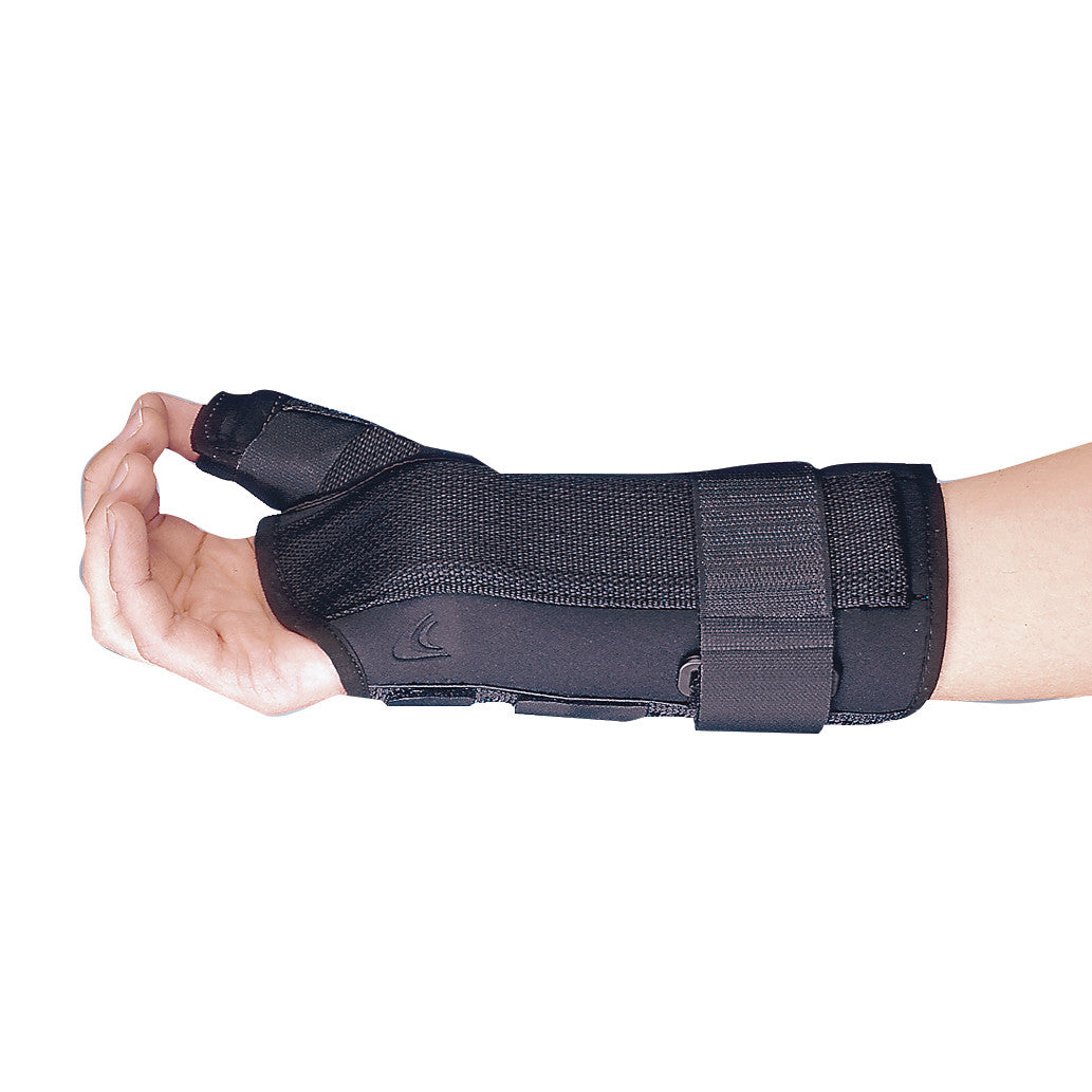 A person's hand in an Ossur Formfit Thumb Spica Splint, providing support with straps around the wrist and thumb.