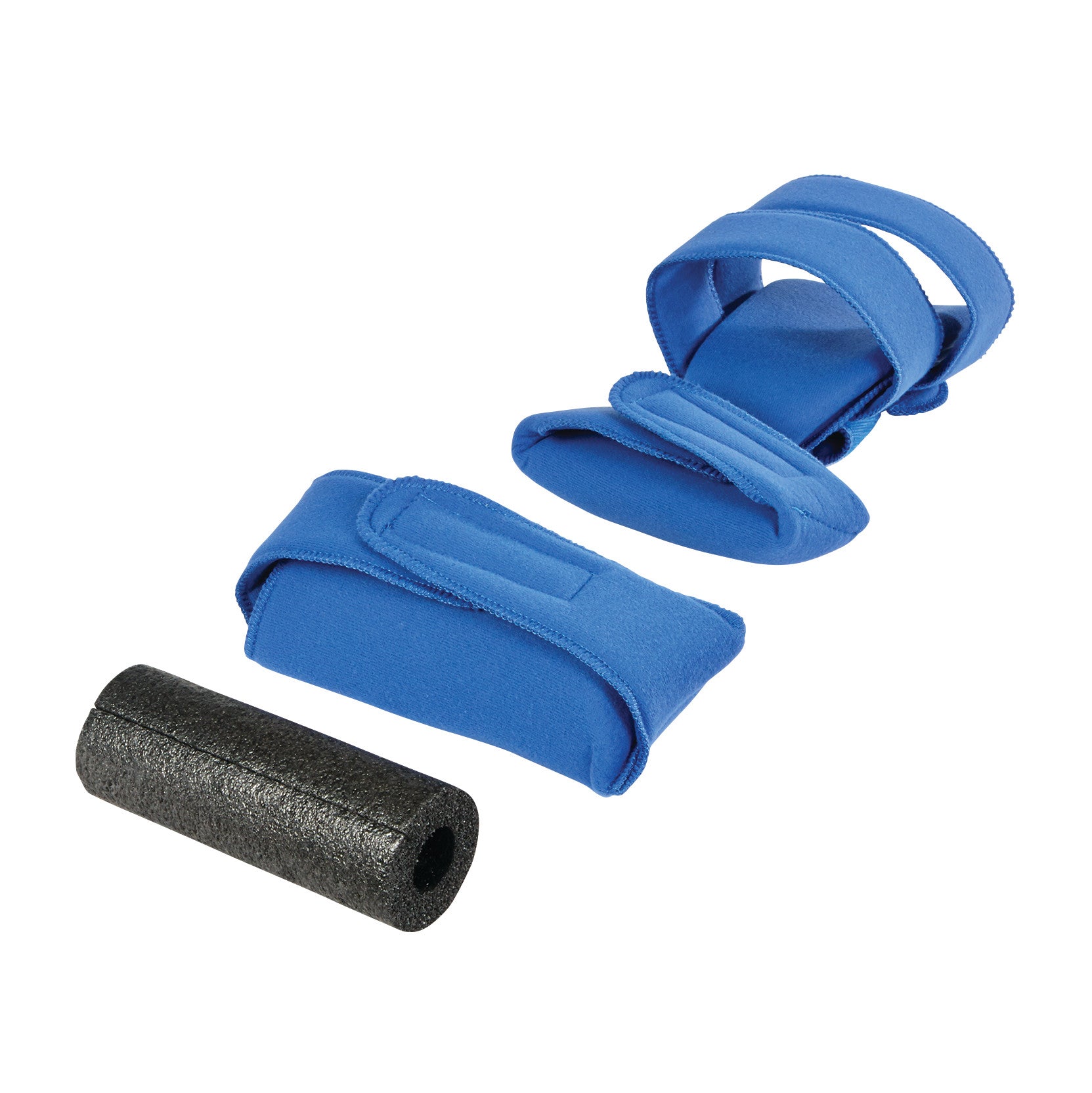 The image features an AliMed Grip Splint with blue padded straps, and a cylindrical black foam insert designed for hand support and therapy.