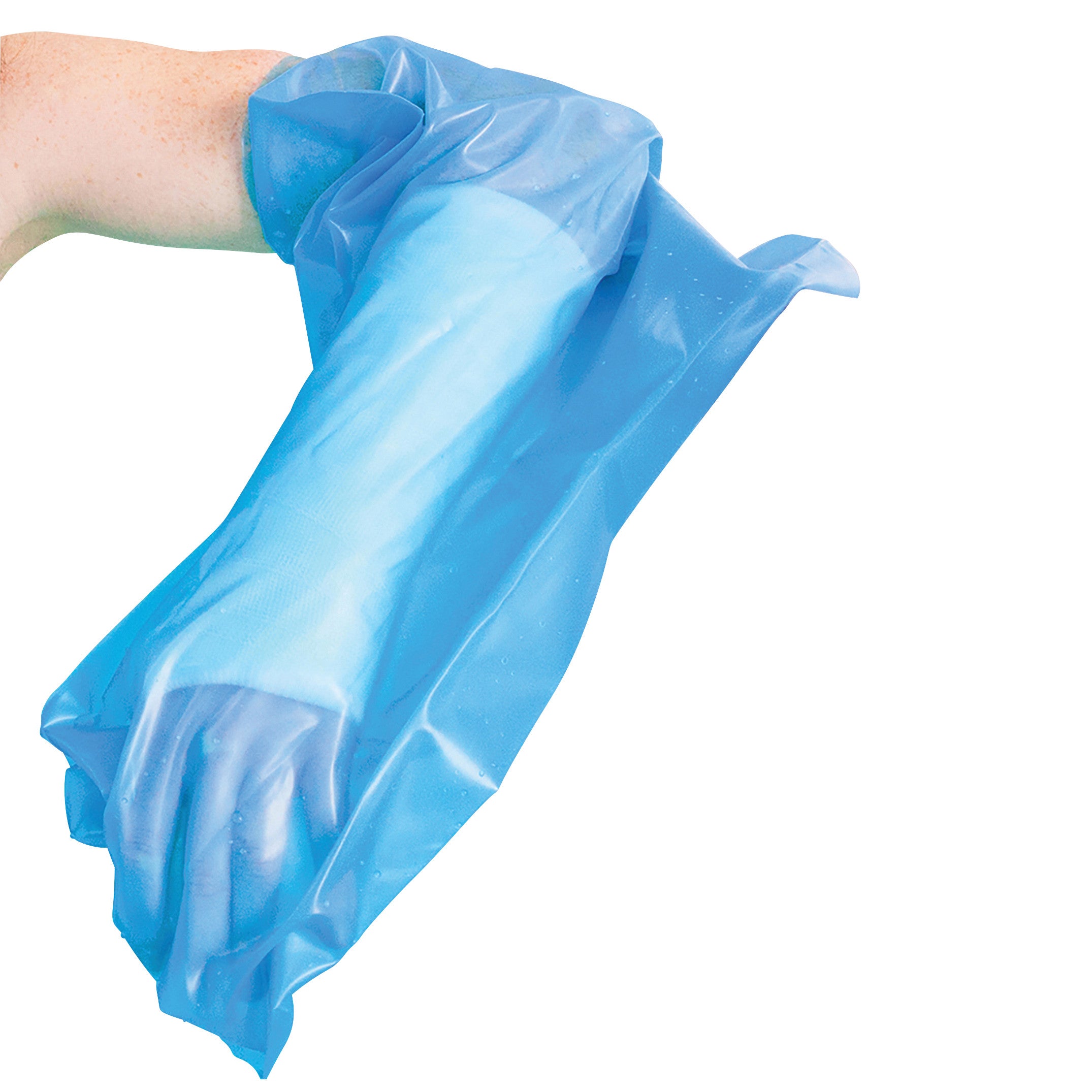 A person's arm is covered with a Brownmed SEAL-TIGHT Sport Cast Protector, a blue waterproof sleeve, extending from hand to elbow.